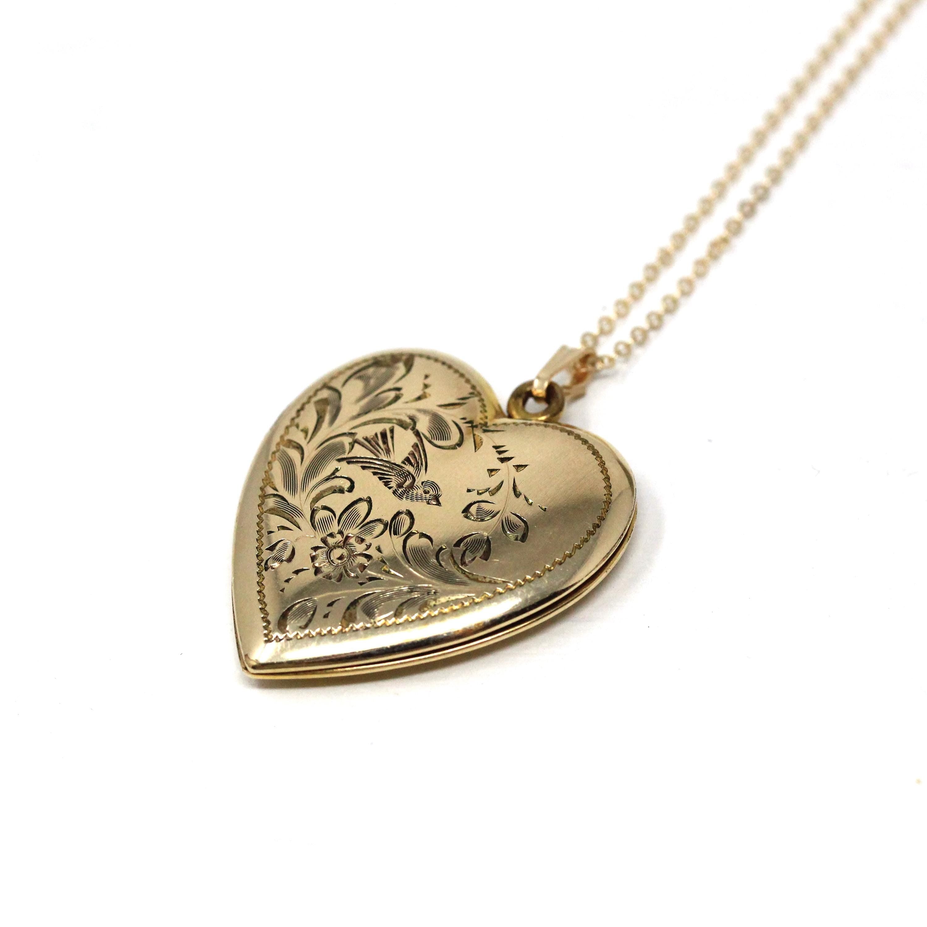 Bird Heart Locket - Retro Gold Filled Heart Shaped Floral Pendant Love Necklace - Vintage Circa 1940s Era Keepsake Flower Photo 40s Jewelry
