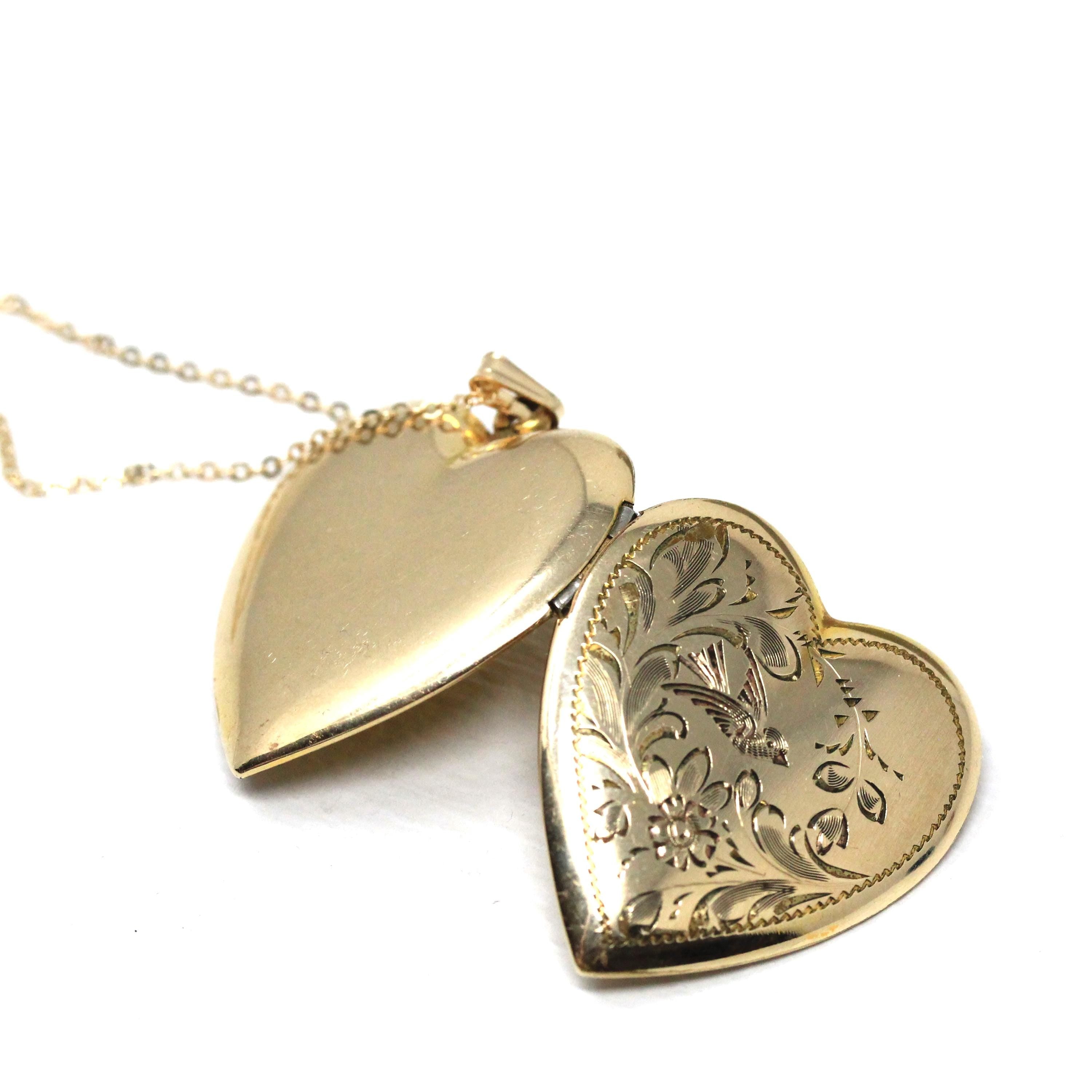 Bird Heart Locket - Retro Gold Filled Heart Shaped Floral Pendant Love Necklace - Vintage Circa 1940s Era Keepsake Flower Photo 40s Jewelry