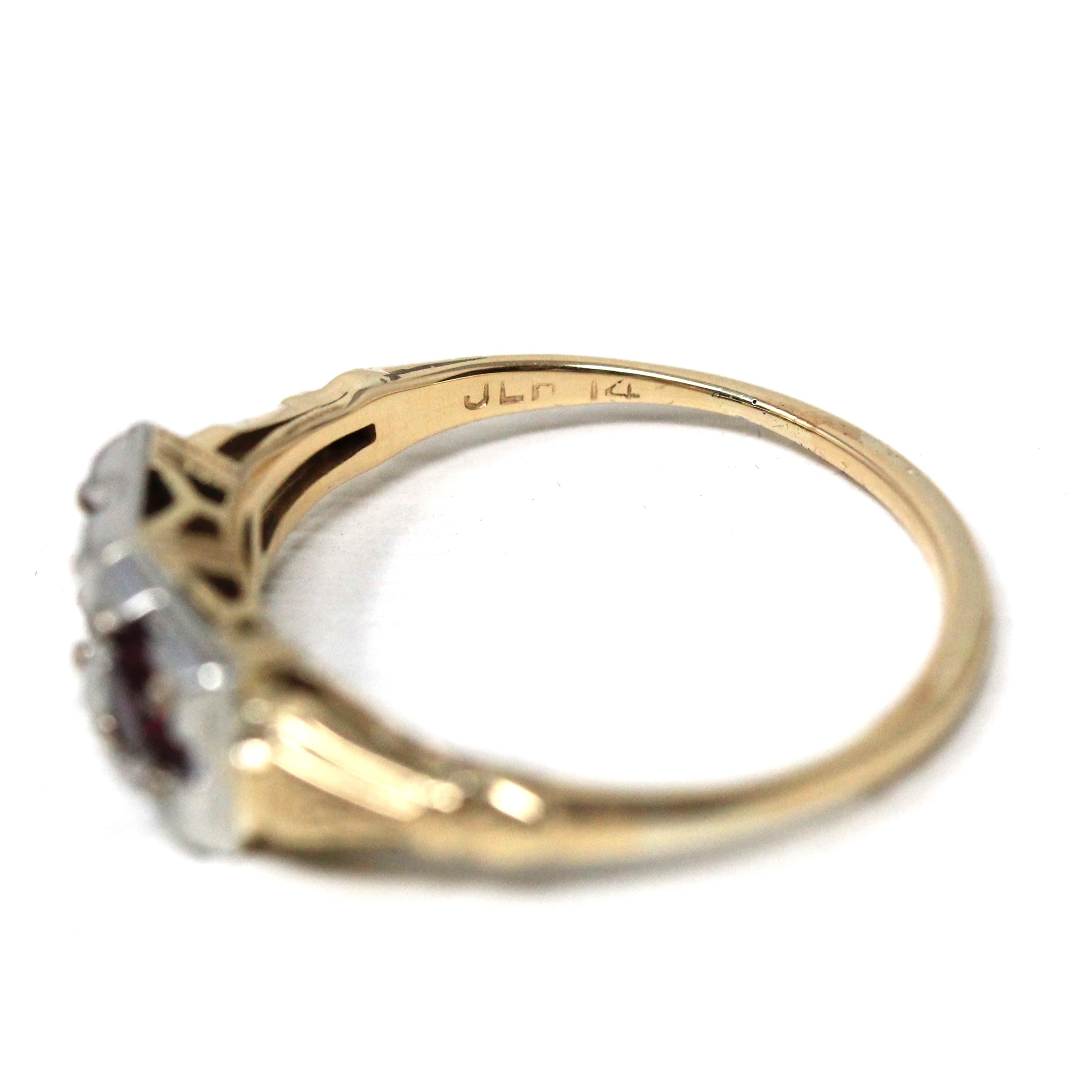 Garnet & Tourmaline Ring - Retro Era 14k Yellow and White Gold Natural Red Green Gemstones - Vintage 1940s Size 6 1/4 Fine Two Tone Jewelry