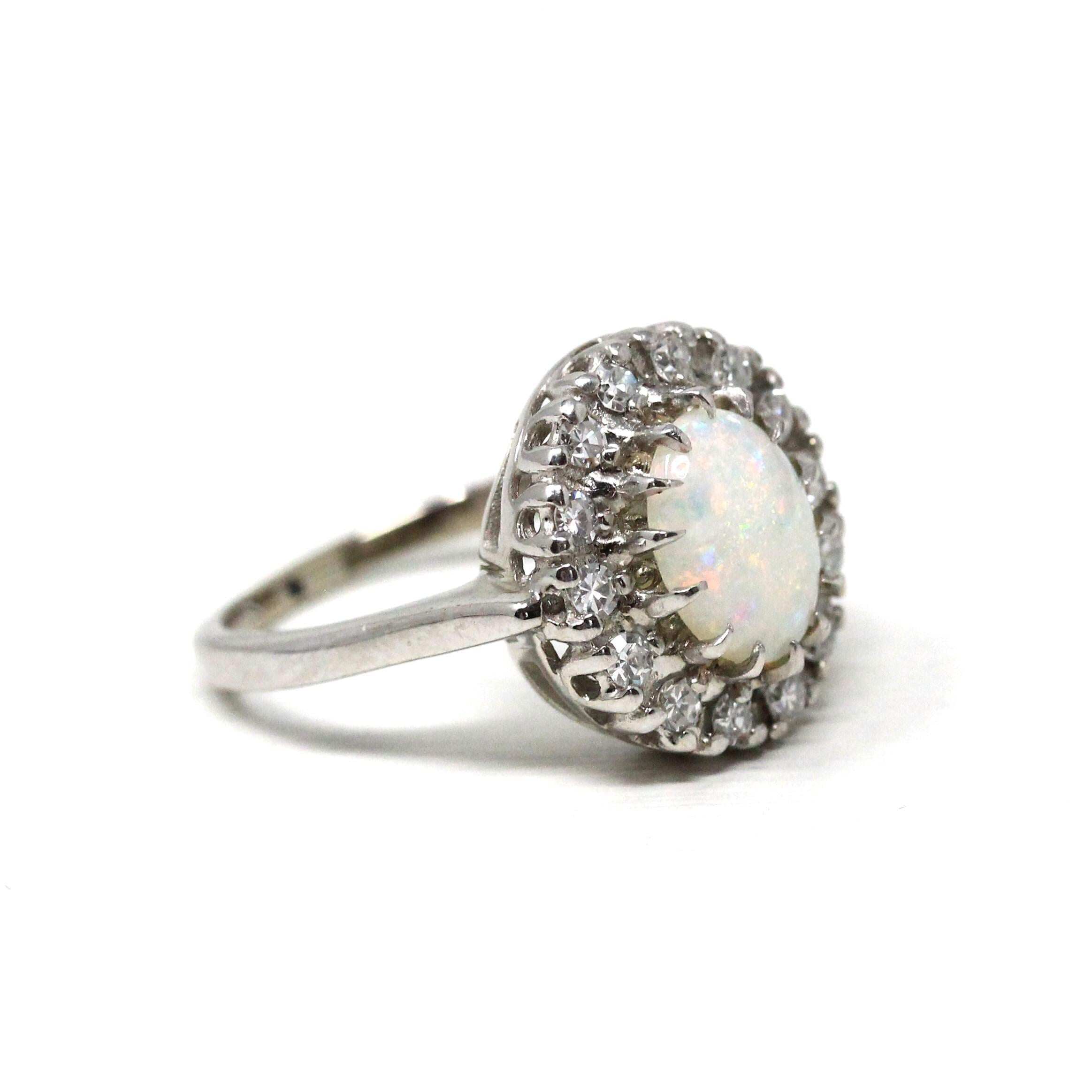 Vintage Opal & Diamond Halo Ring - Mid Century 14k White Gold Natural Gems - Retro Circa 1950s Era Size 6 1/2 Rainbow Cluster Fine Jewelry