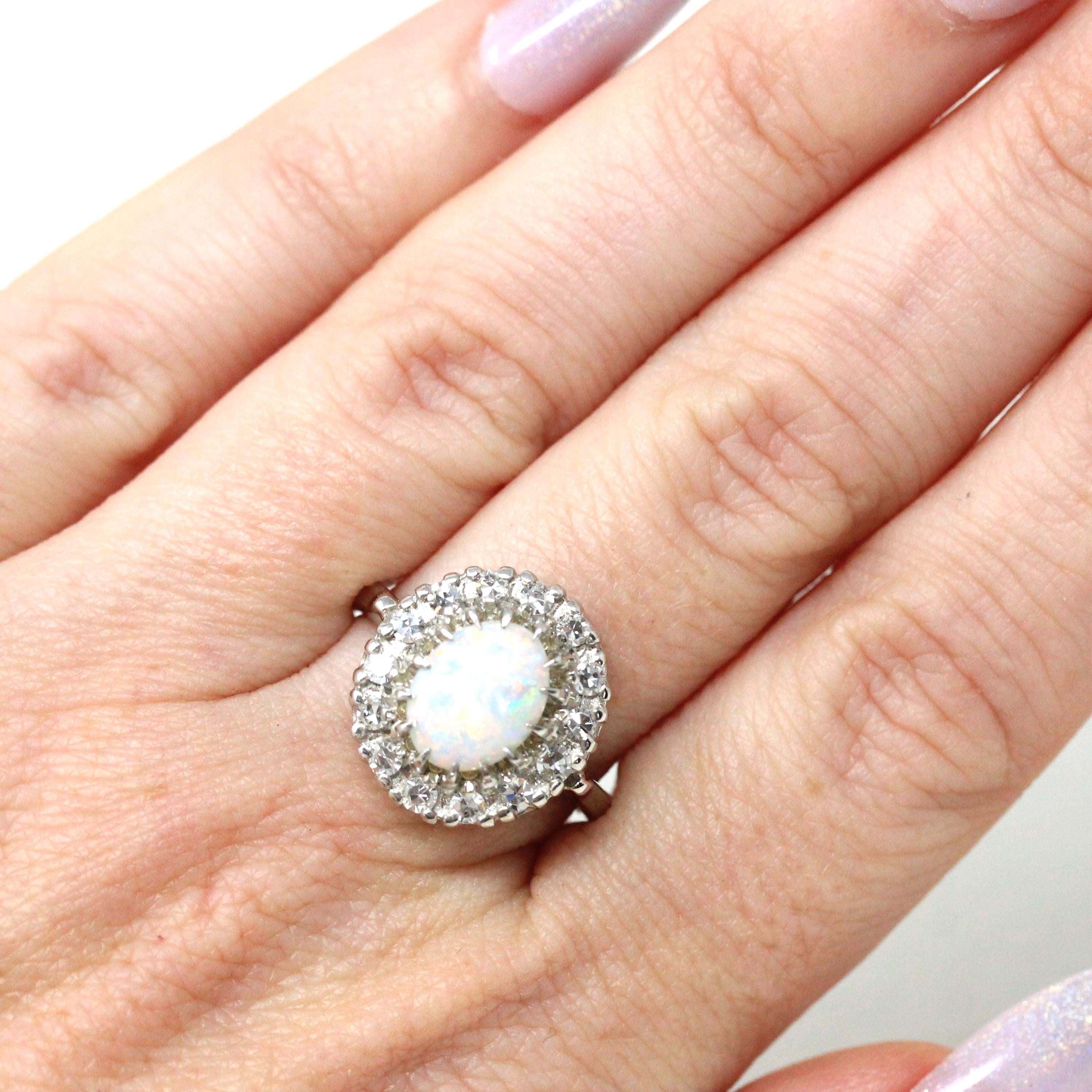 Vintage Opal & Diamond Halo Ring - Mid Century 14k White Gold Natural Gems - Retro Circa 1950s Era Size 6 1/2 Rainbow Cluster Fine Jewelry