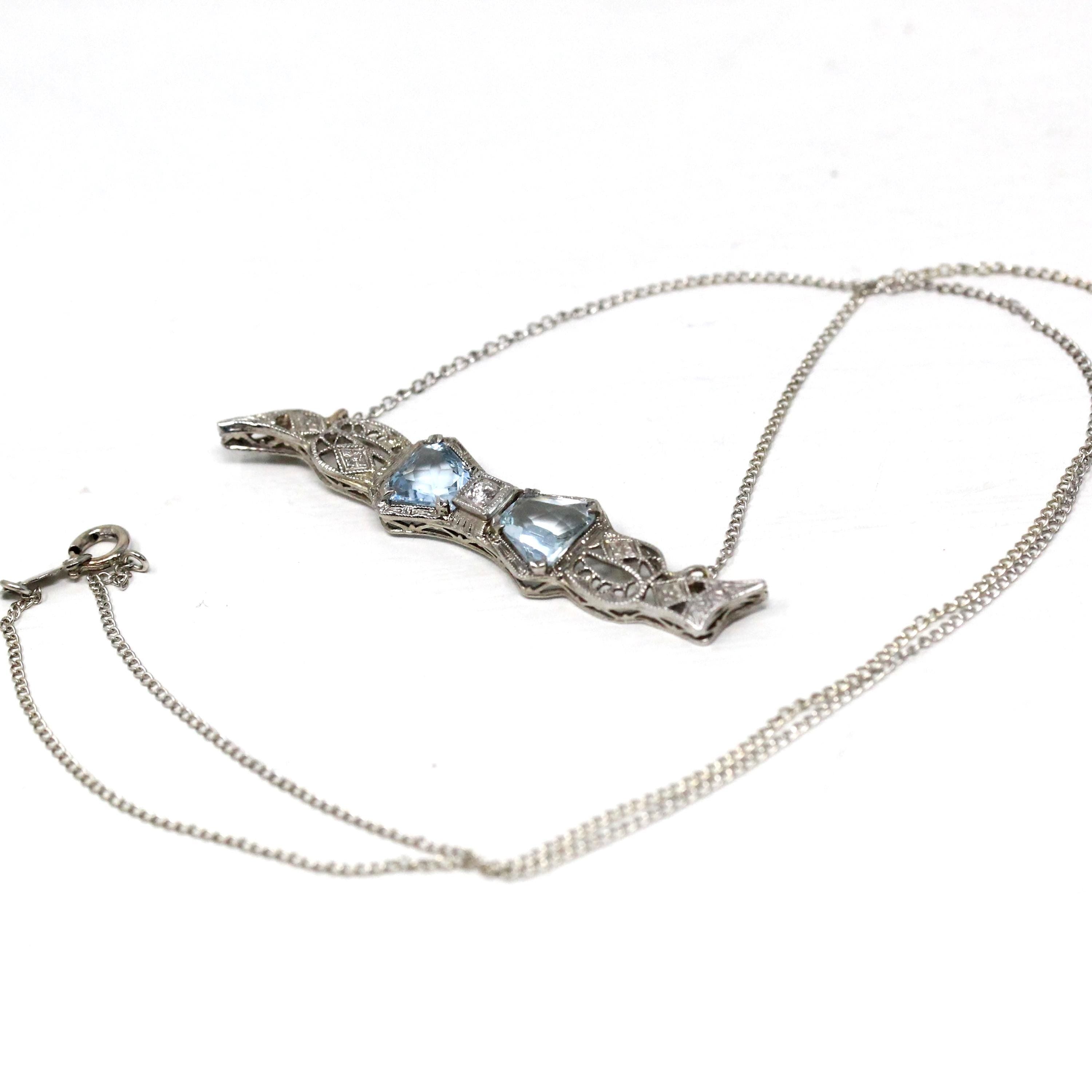 Aquamarine Bow Necklace - Art Deco 14k White Gold Filigree .06 CT Diamond Pin Conversion Bar Pendant - Vintage Circa 1930s Era Fine Jewelry