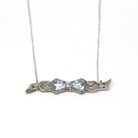 Aquamarine Bow Necklace - Art Deco 14k White Gold Filigree .06 CT Diamond Pin Conversion Bar Pendant - Vintage Circa 1930s Era Fine Jewelry