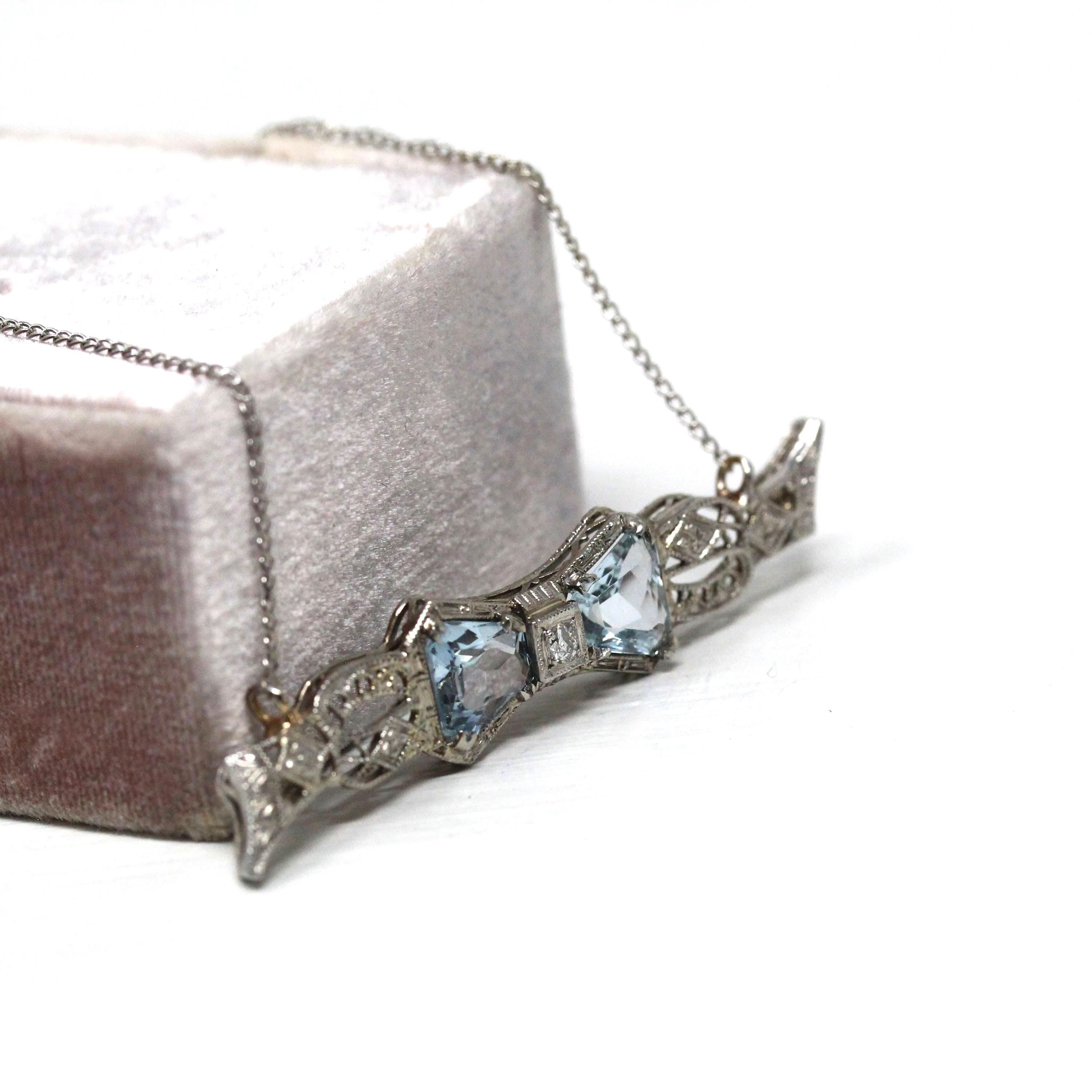 Aquamarine Bow Necklace - Art Deco 14k White Gold Filigree .06 CT Diamond Pin Conversion Bar Pendant - Vintage Circa 1930s Era Fine Jewelry