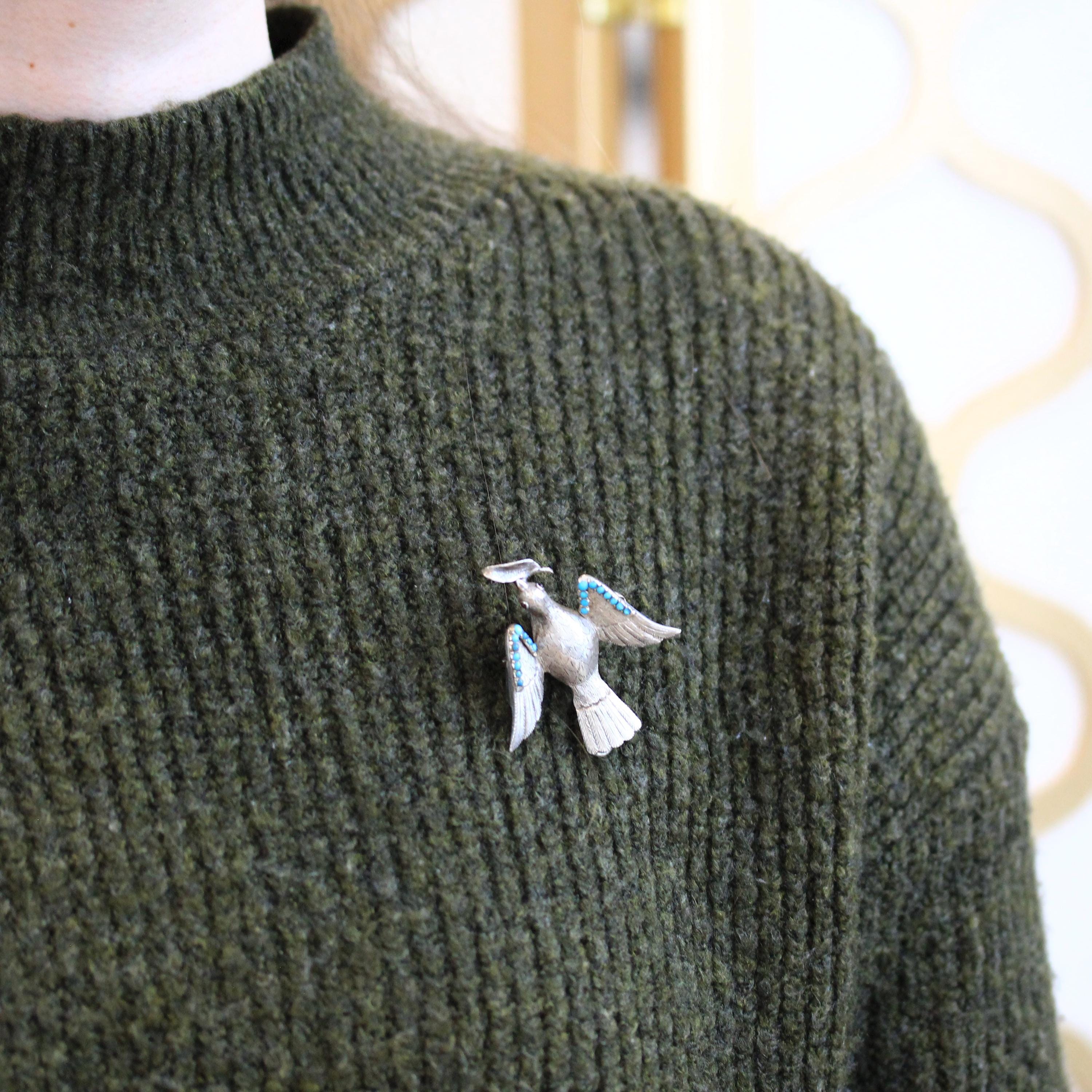 Silver Bird Brooch - Retro Era Handmade Silver & Turquoise Gemstones Avian Pendant - Vintage Circa 1940s Perfume Compartment Fine Jewelry