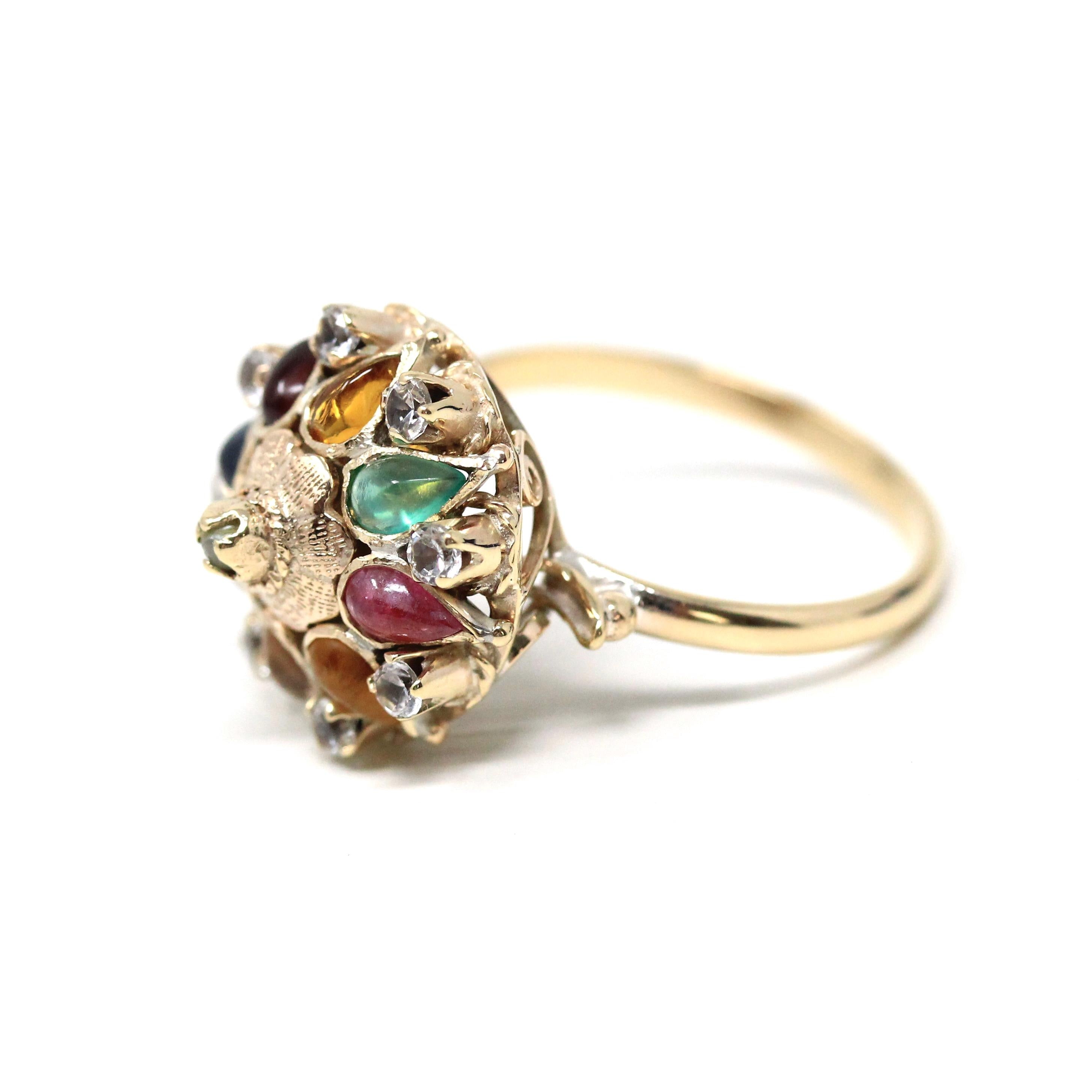 Thai Princess Ring - Retro 10k Yellow Gold Spinel Glass Tiger's Eye Ruby Sapphire Flower Gemstones - Vintage Circa 1960s Size 7 3/4 Jewelry