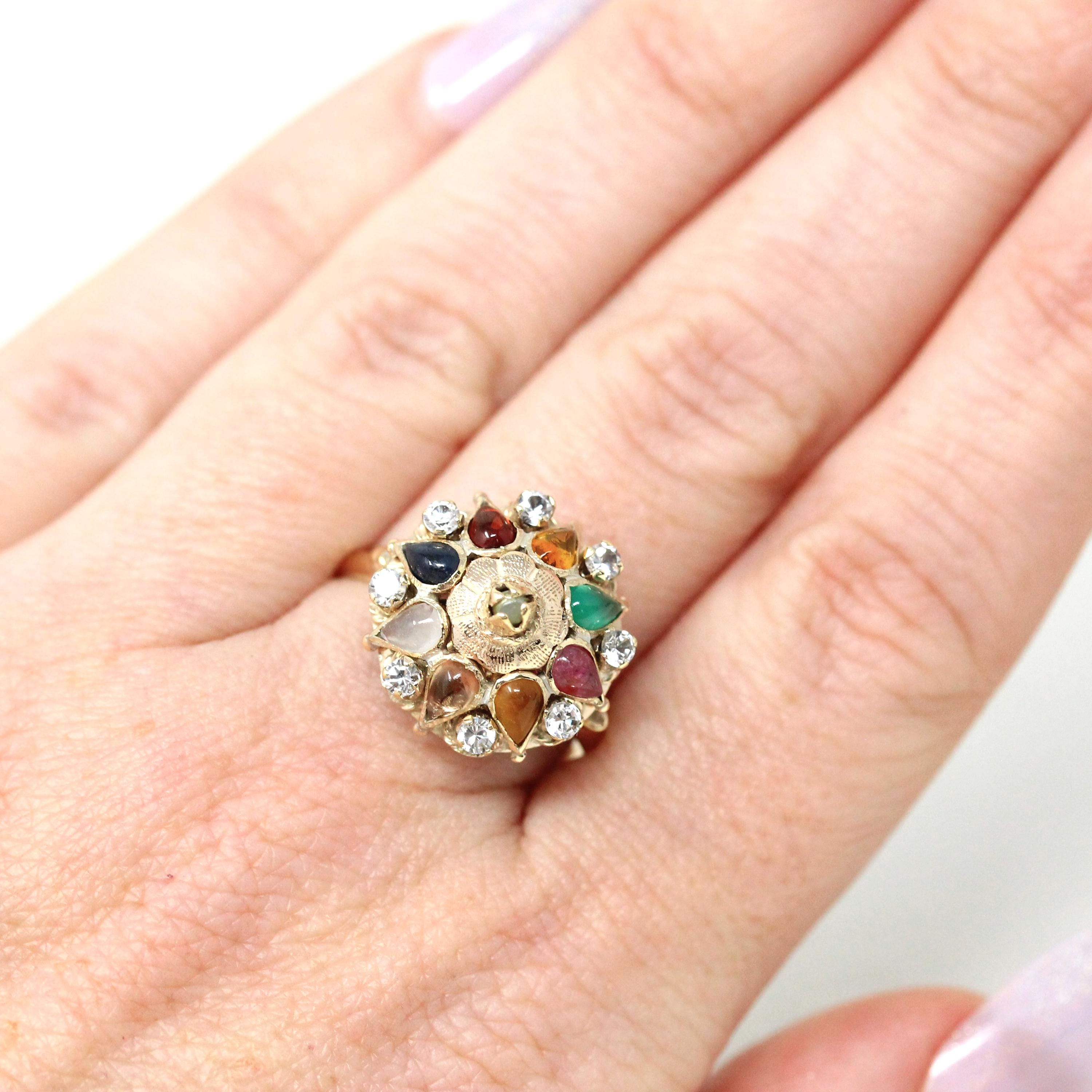 Thai Princess Ring - Retro 10k Yellow Gold Spinel Glass Tiger's Eye Ruby Sapphire Flower Gemstones - Vintage Circa 1960s Size 7 3/4 Jewelry