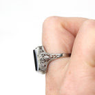 Vintage Onyx Ring - Art Deco 10k White Gold Natural Black & White Gemstone Statement - Circa 1930s Size 6 1/2 Fine Floral Filigree Jewelry