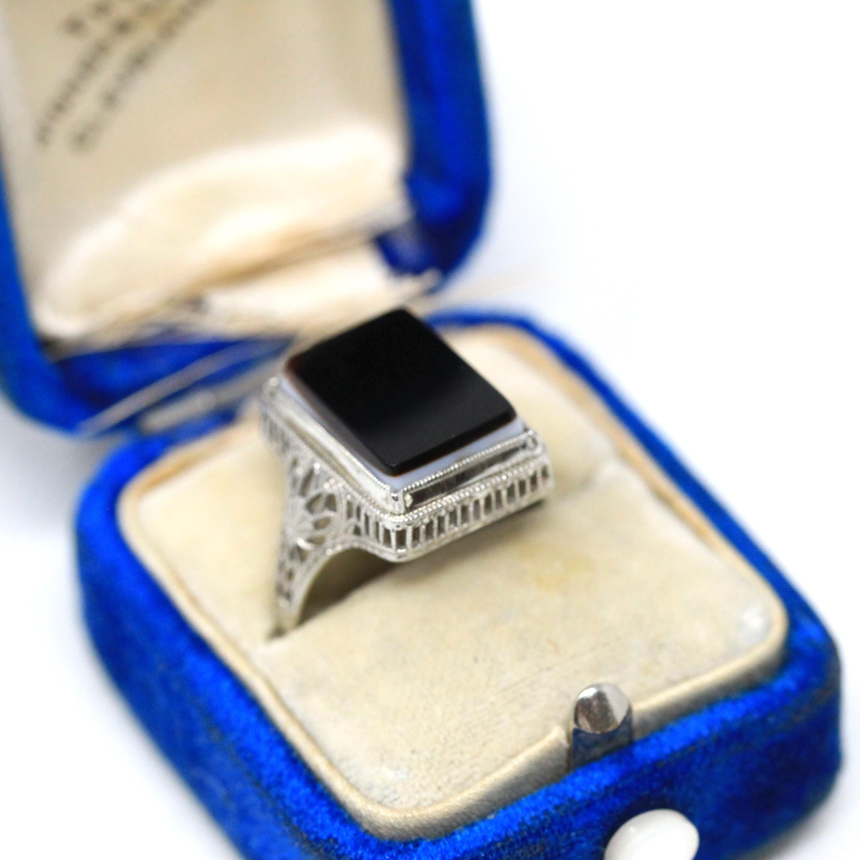 Vintage Onyx Ring - Art Deco 10k White Gold Natural Black & White Gemstone Statement - Circa 1930s Size 6 1/2 Fine Floral Filigree Jewelry