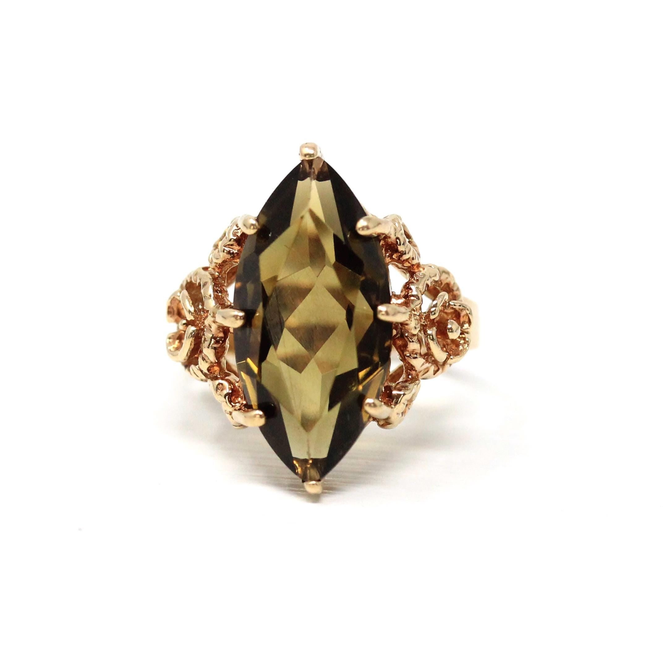 Vintage Quartz Ring - Retro 10k Yellow Gold Marquise Cut Natural Brown Faceted Gemstone - Circa 1970s Size 5 Flower Trubrite Fine Jewelry