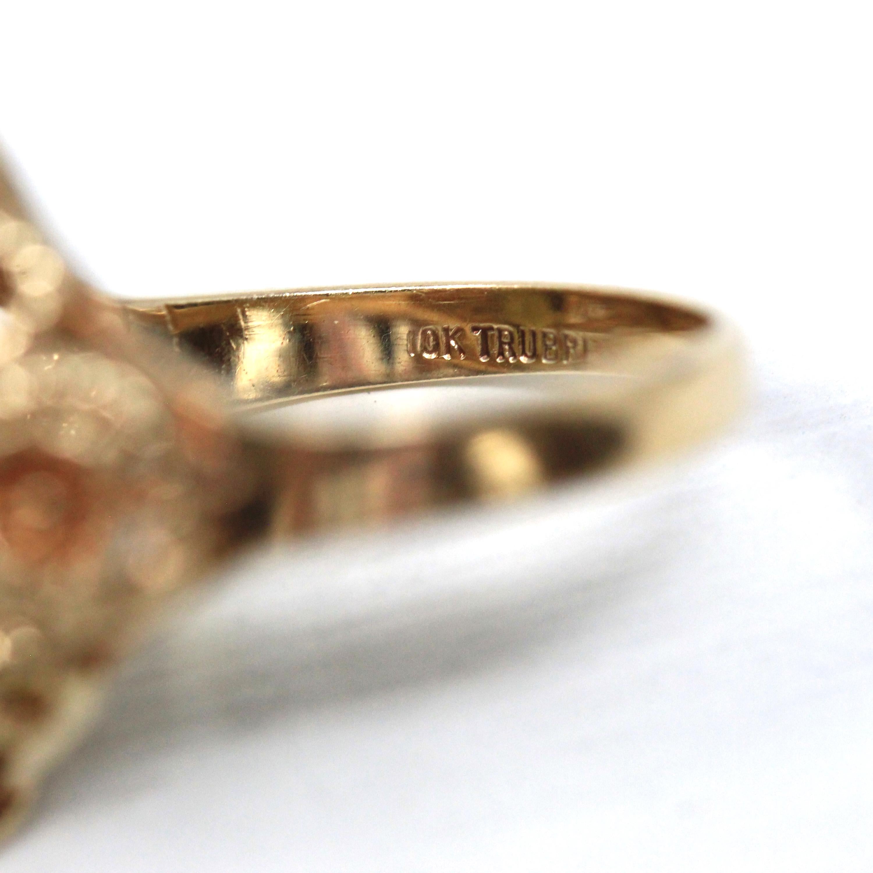 Vintage Quartz Ring - Retro 10k Yellow Gold Marquise Cut Natural Brown Faceted Gemstone - Circa 1970s Size 5 Flower Trubrite Fine Jewelry