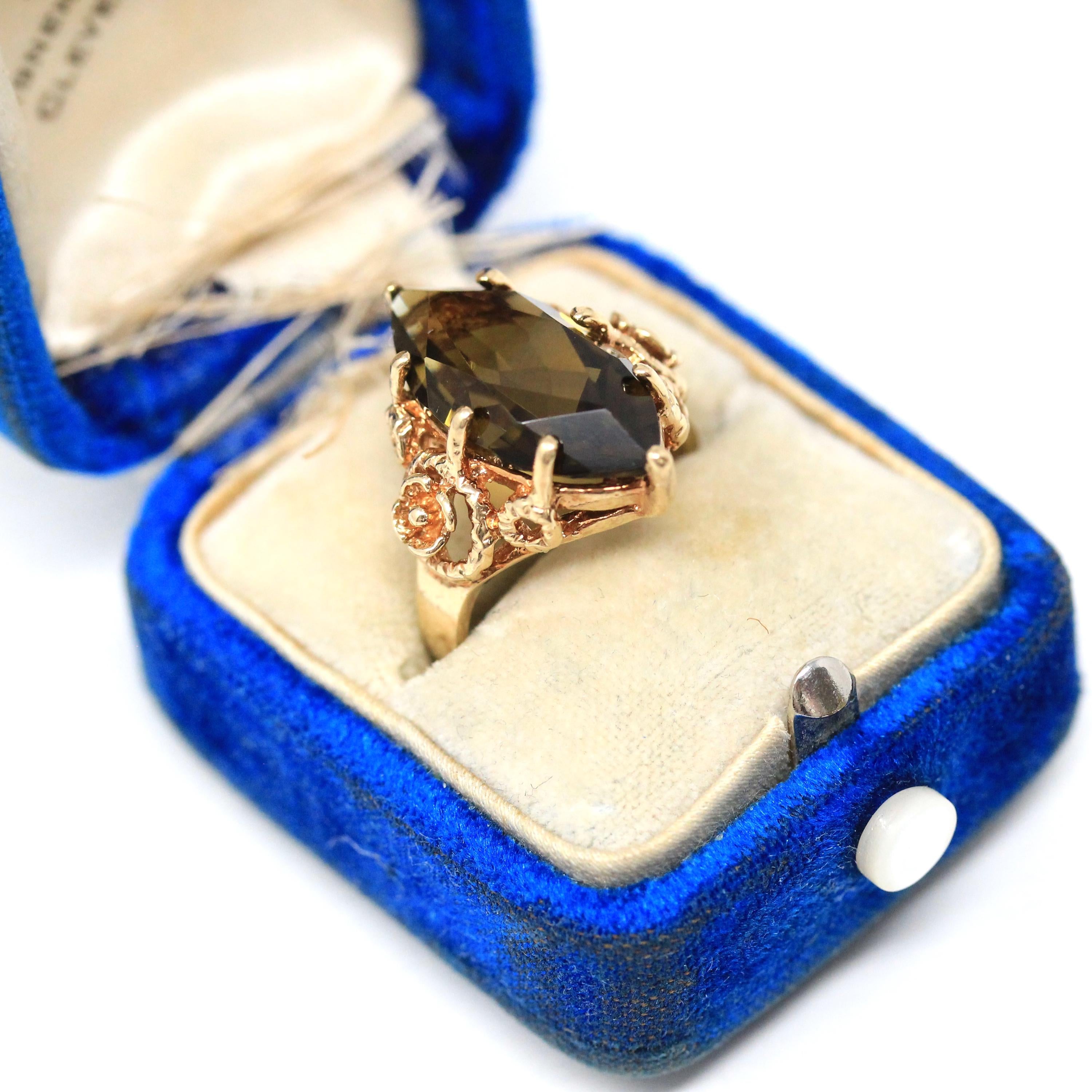 Vintage Quartz Ring - Retro 10k Yellow Gold Marquise Cut Natural Brown Faceted Gemstone - Circa 1970s Size 5 Flower Trubrite Fine Jewelry