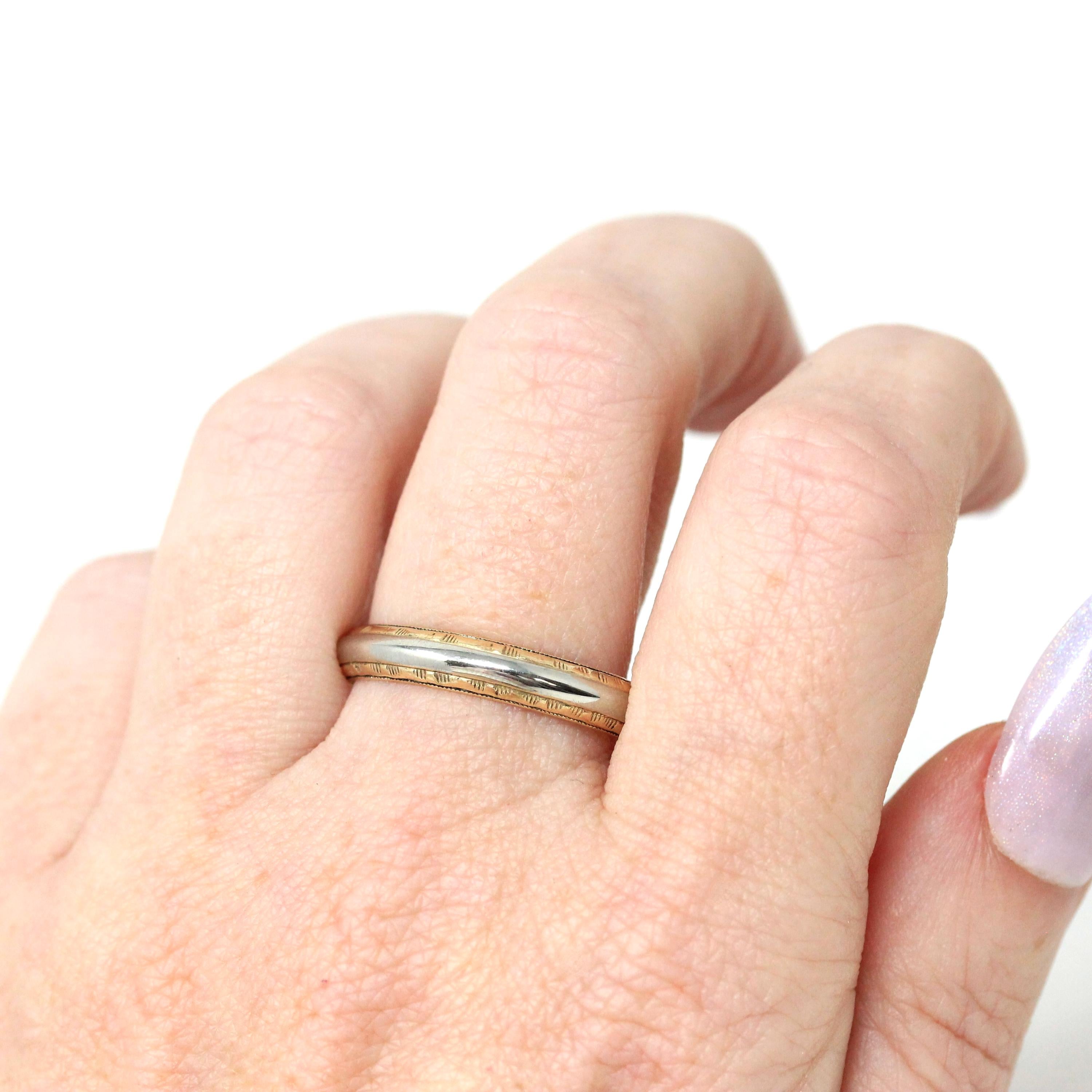 Vintage Wedding Band - Mid Century Era 14k Yellow & White Gold Unisex Two Tone Ring - Circa 1950s Retro Size 12 Men's Unisex Fine Jewelry