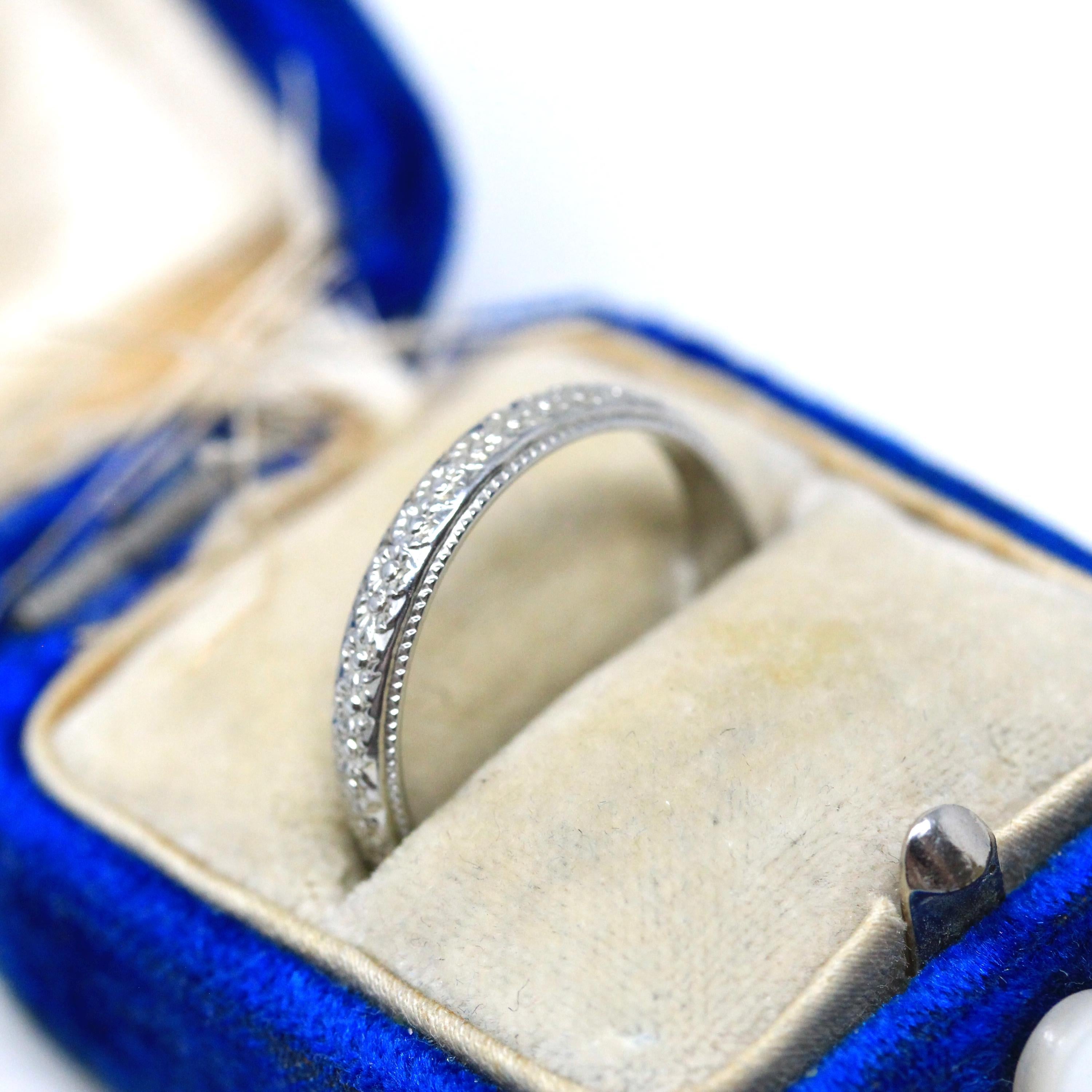 Floral Wedding Band - Art Deco 18k White Gold Flower Eternity Ring - Vintage Circa 1930s Era Size 7 Bridal Unisex Engraved Fine 30s Jewelry