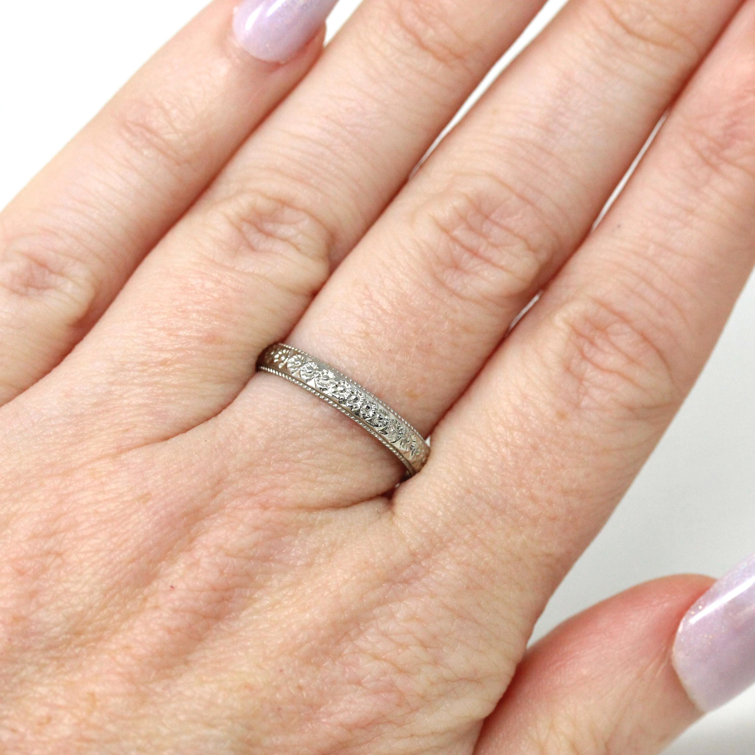 Floral Wedding Band - Art Deco 18k White Gold Flower Eternity Ring - Vintage Circa 1930s Era Size 7 Bridal Unisex Engraved Fine 30s Jewelry