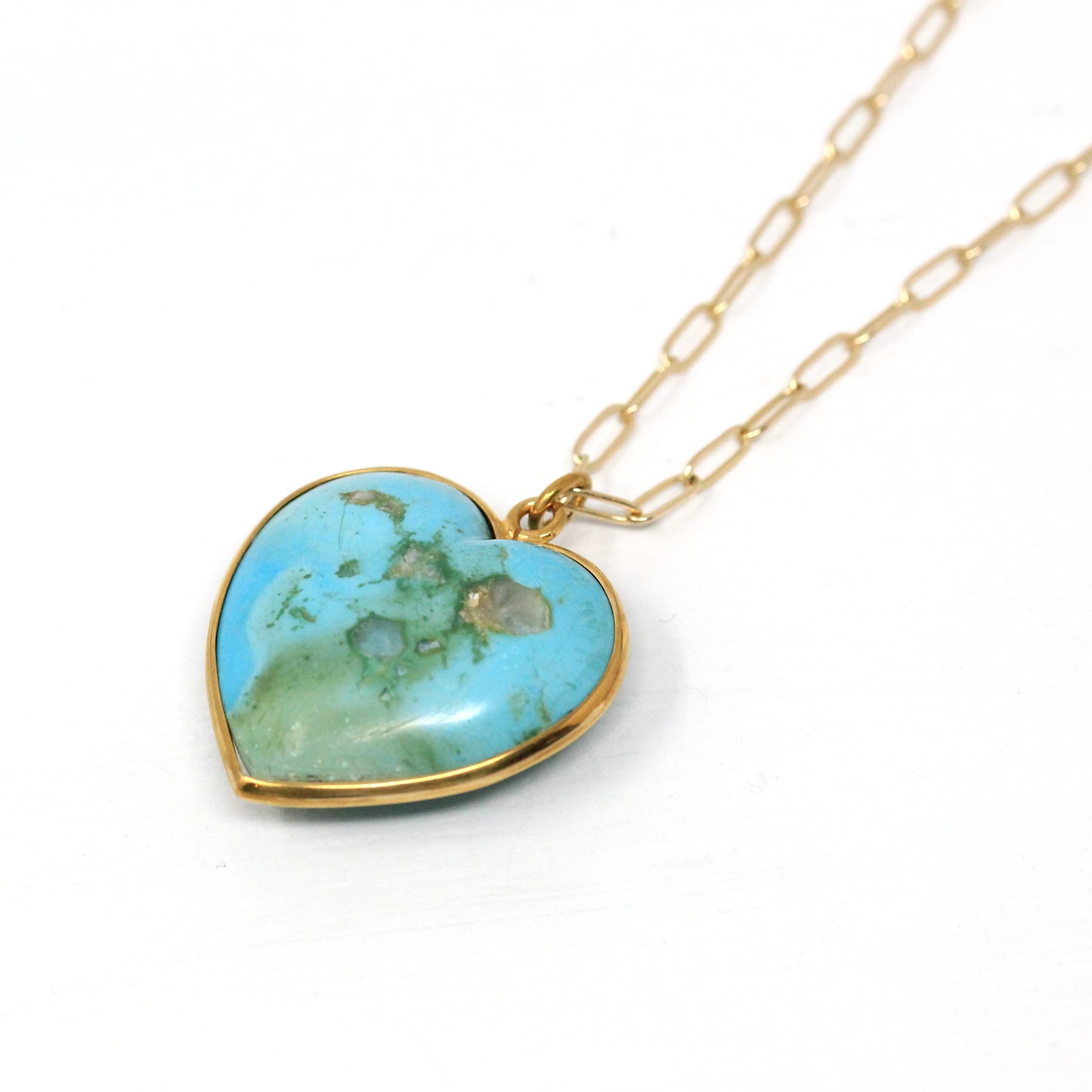 Turquoise Heart Necklace - Antique Edwardian 18k Yellow Gold Large Blue Statement Charm Pendant - Vintage Circa 1910s Era Love Fine Jewelry