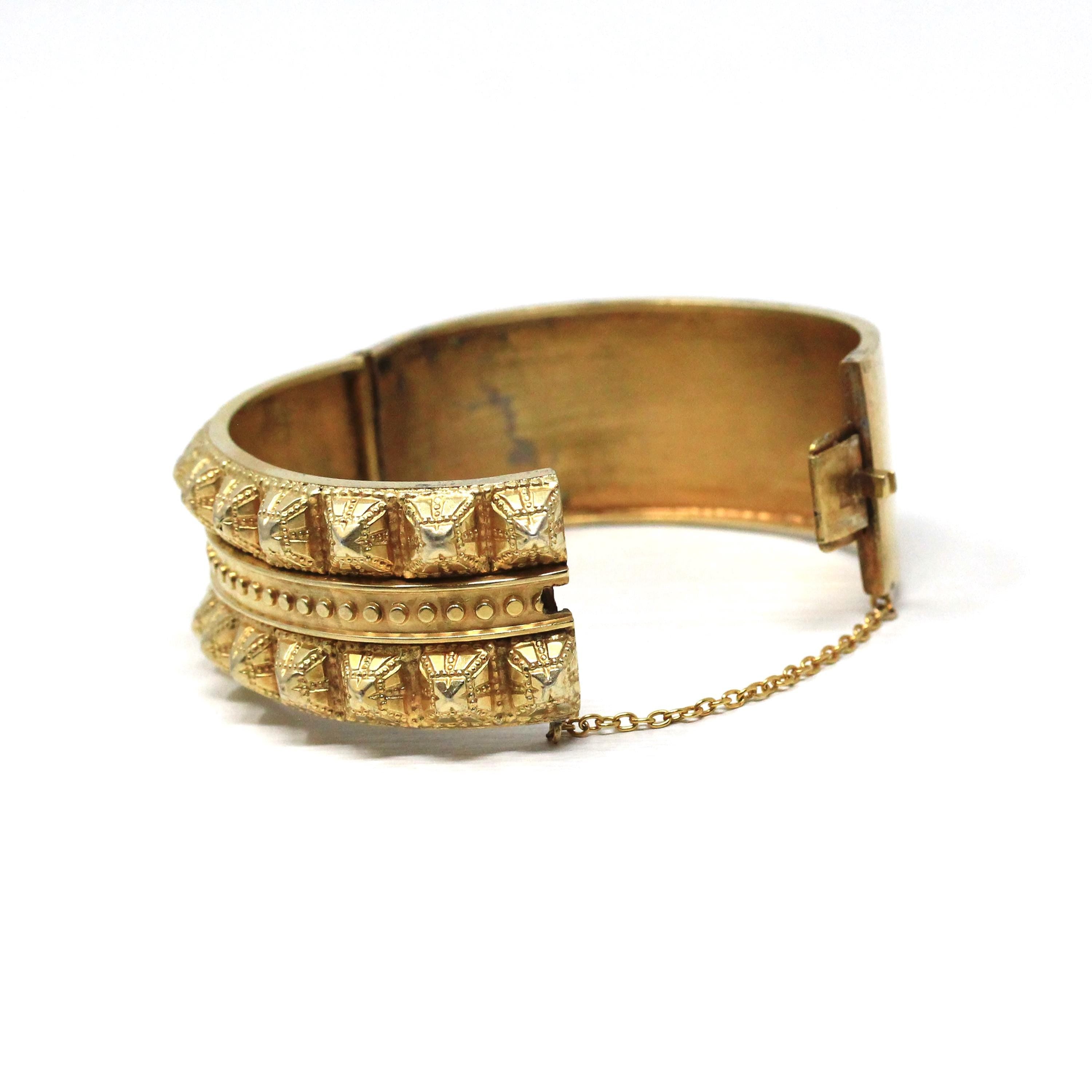 Antique Victorian Bangle - Vintage Silver Gilt Gold Studded Design Bracelet - Circa 1880s Era Gold Plated Wide Statement Late 1800s Jewelry