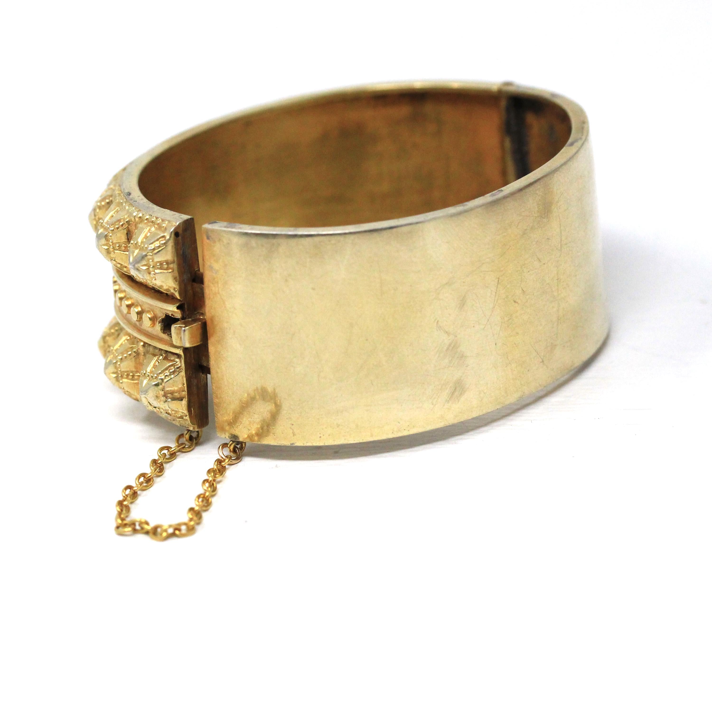 Antique Victorian Bangle - Vintage Silver Gilt Gold Studded Design Bracelet - Circa 1880s Era Gold Plated Wide Statement Late 1800s Jewelry