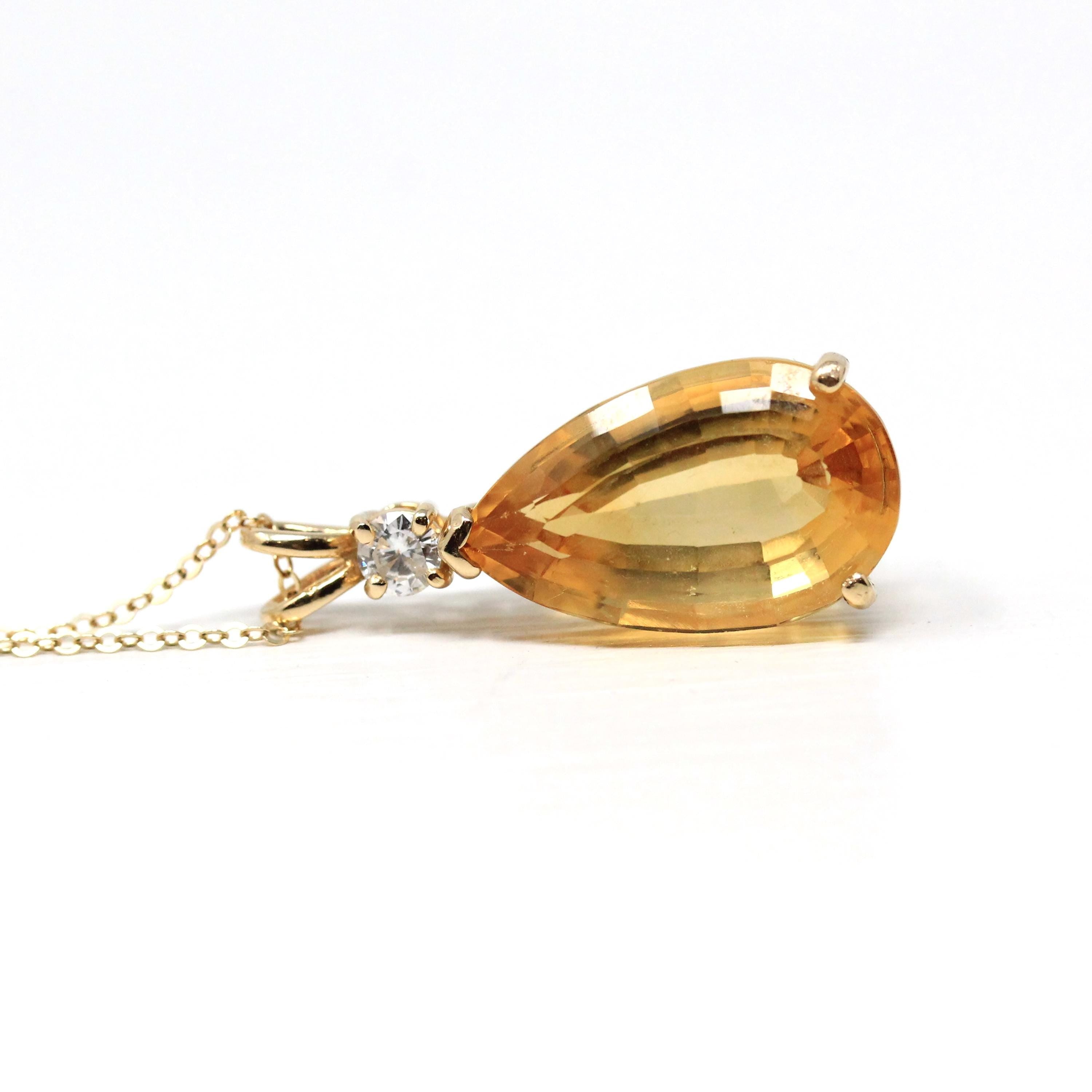 Diamond Citrine Pendant - Modern 14k Yellow Gold Faceted Pear Cut 11.29 CT Natural Gemstone - Estate Circa 2000's Era Statement Fine Jewelry