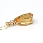 Diamond Citrine Pendant - Modern 14k Yellow Gold Faceted Pear Cut 11.29 CT Natural Gemstone - Estate Circa 2000's Era Statement Fine Jewelry