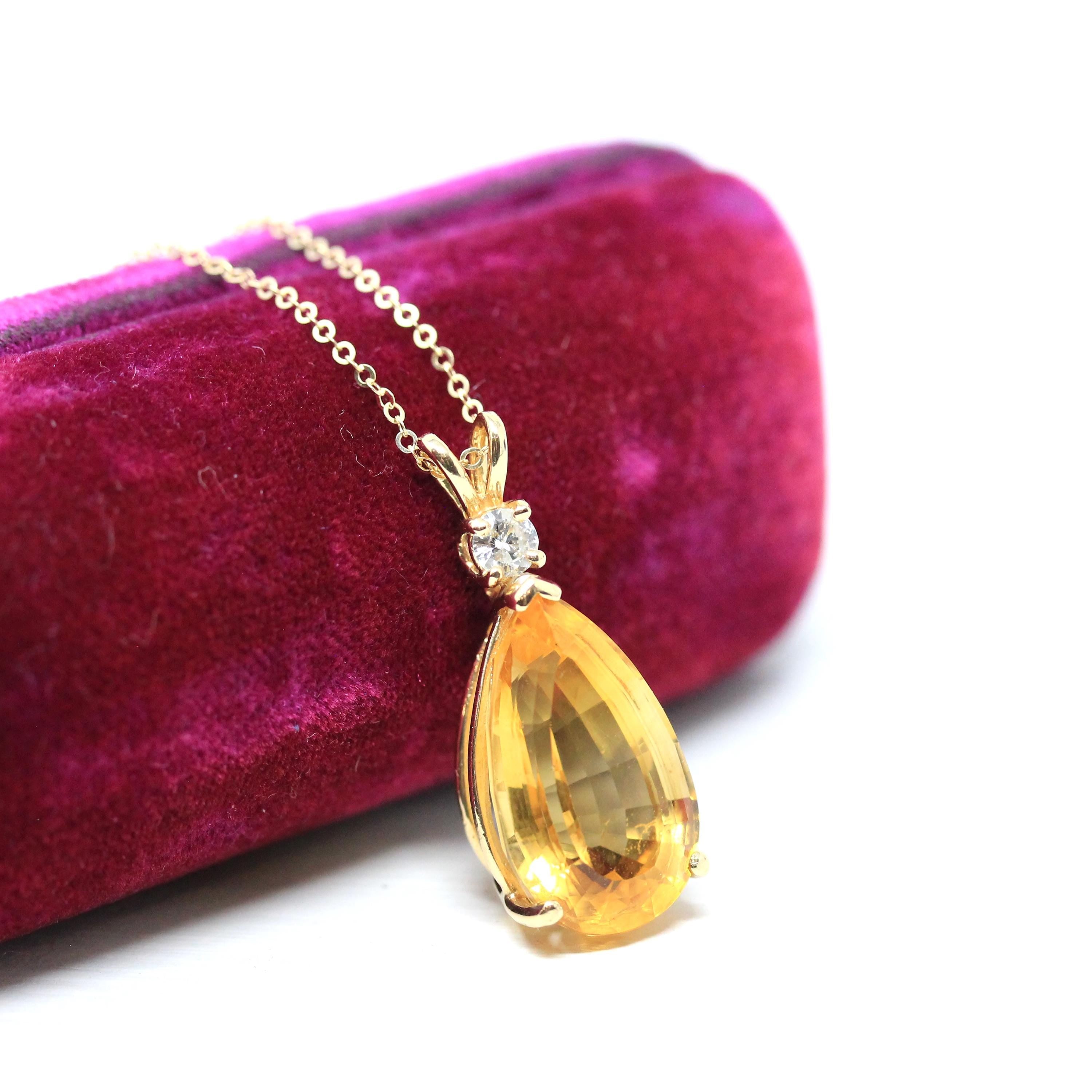 Diamond Citrine Pendant - Modern 14k Yellow Gold Faceted Pear Cut 11.29 CT Natural Gemstone - Estate Circa 2000's Era Statement Fine Jewelry