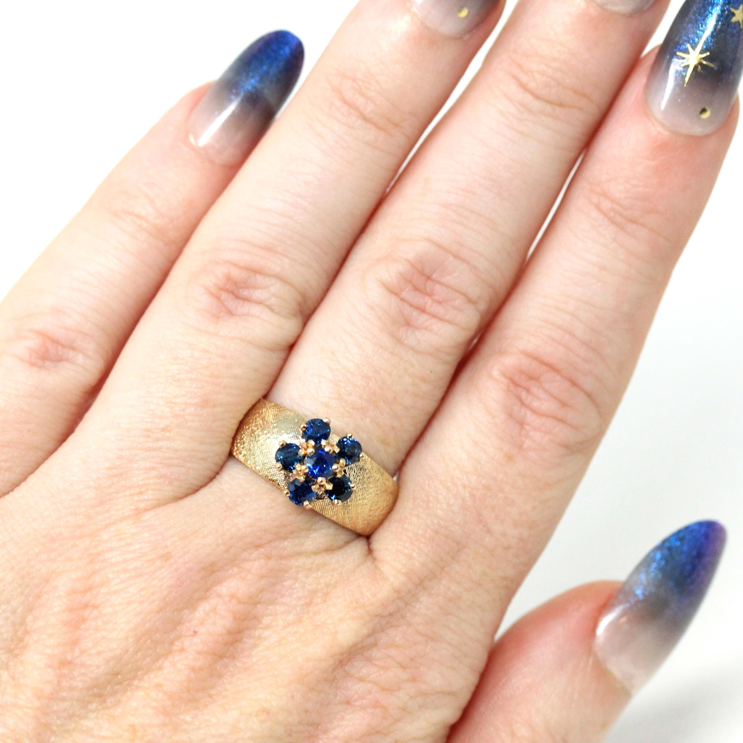 Sapphire Cluster Ring - Estate 14k Yellow Gold Natural Blue Gemstones - Modern Circa 1980s Era Size 6 3/4 Wide Band Fine 80s Flower Jewelry