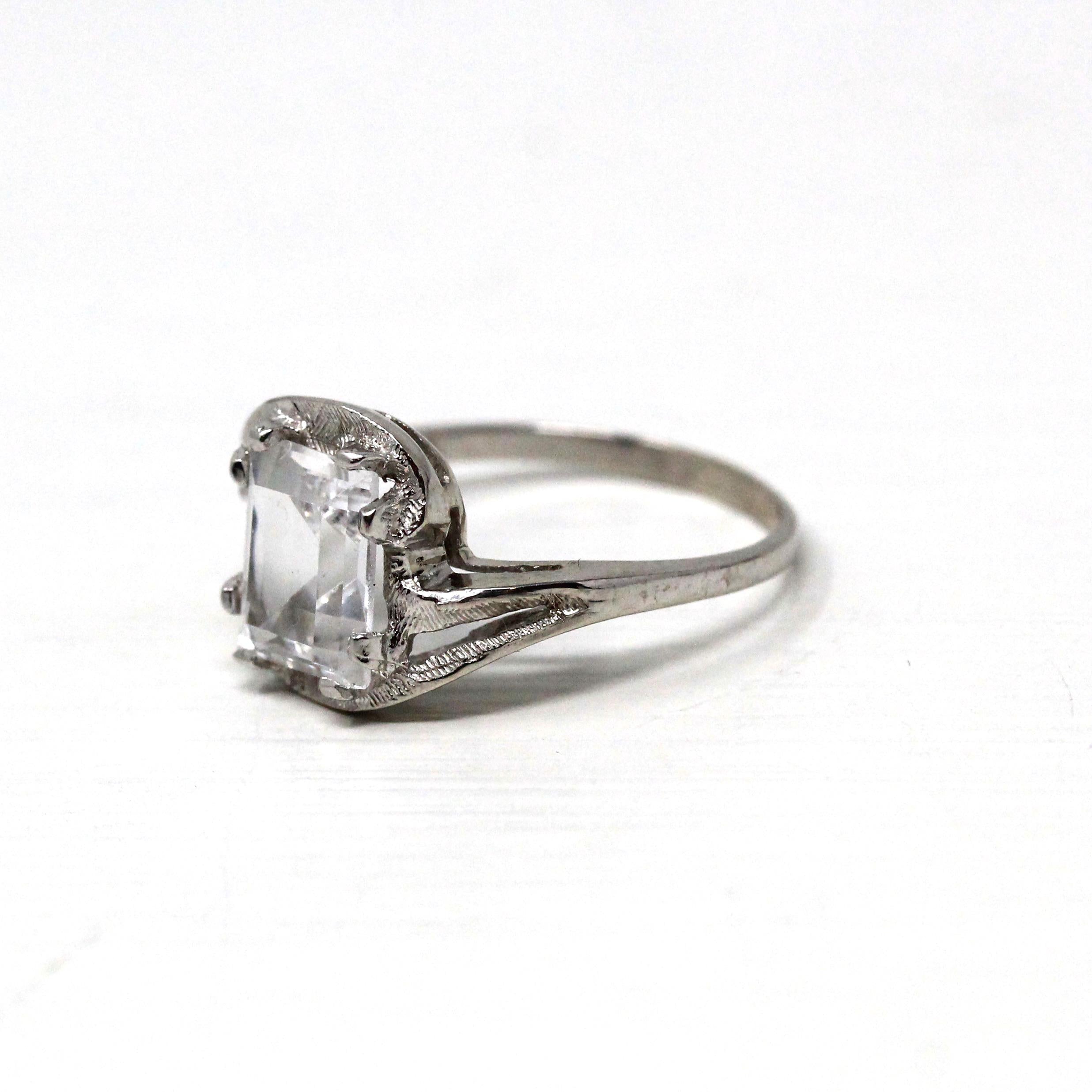 Retro Created Spinel Ring - Vintage 10k White Gold Rectangular Step Cut White Bypass Gem - Circa 1960s Size 6 Engagement Style Fine Jewelry