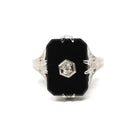Onyx Filigree Ring - Art Deco Era 14k White Gold Natural .02 CT Diamond Accent - Vintage Circa 1930s Size 7 1/2 Black Chalcedony Jewelry