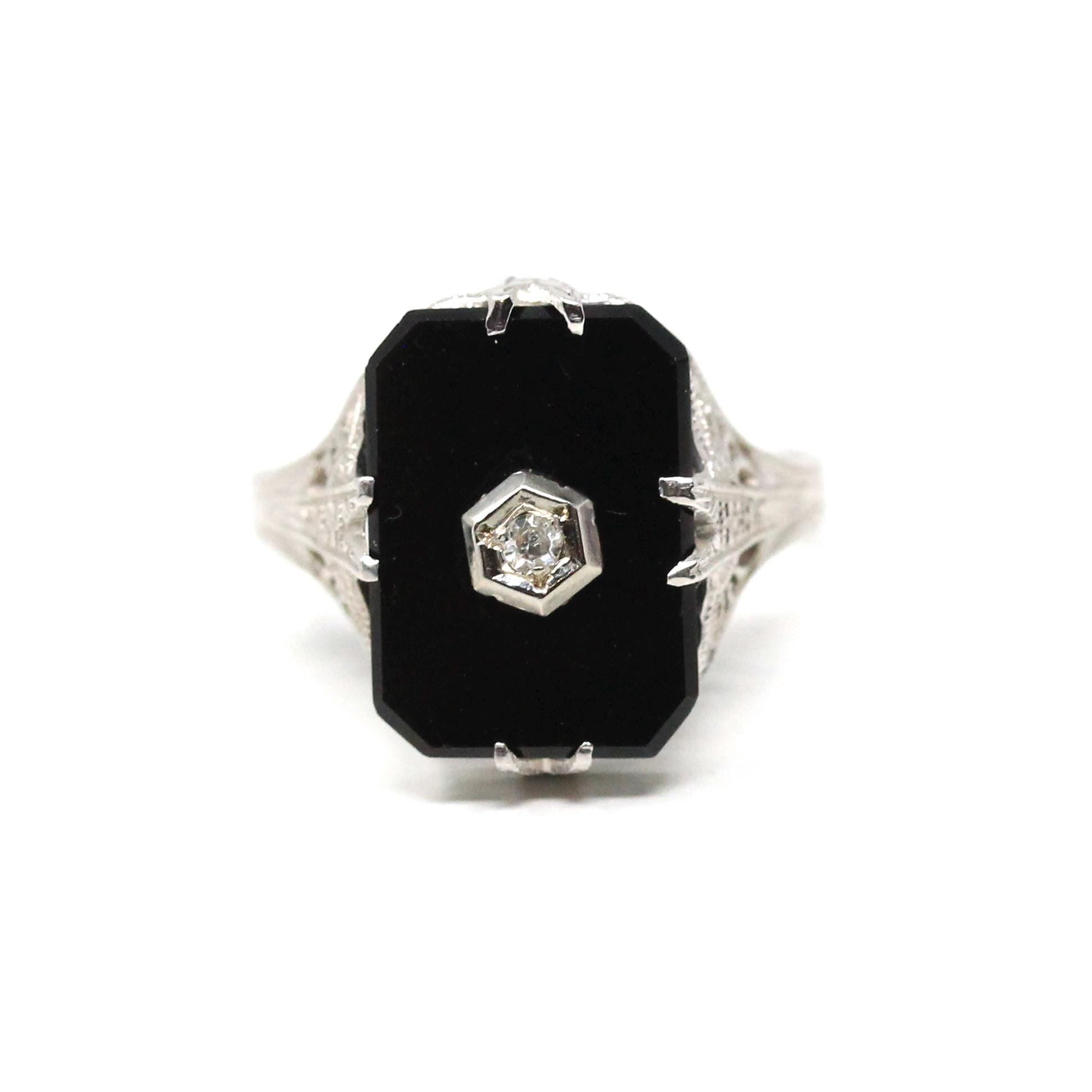 Onyx Filigree Ring - Art Deco Era 14k White Gold Natural .02 CT Diamond Accent - Vintage Circa 1930s Size 7 1/2 Black Chalcedony Jewelry