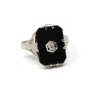 Onyx Filigree Ring - Art Deco Era 14k White Gold Natural .02 CT Diamond Accent - Vintage Circa 1930s Size 7 1/2 Black Chalcedony Jewelry