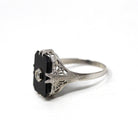 Onyx Filigree Ring - Art Deco Era 14k White Gold Natural .02 CT Diamond Accent - Vintage Circa 1930s Size 7 1/2 Black Chalcedony Jewelry