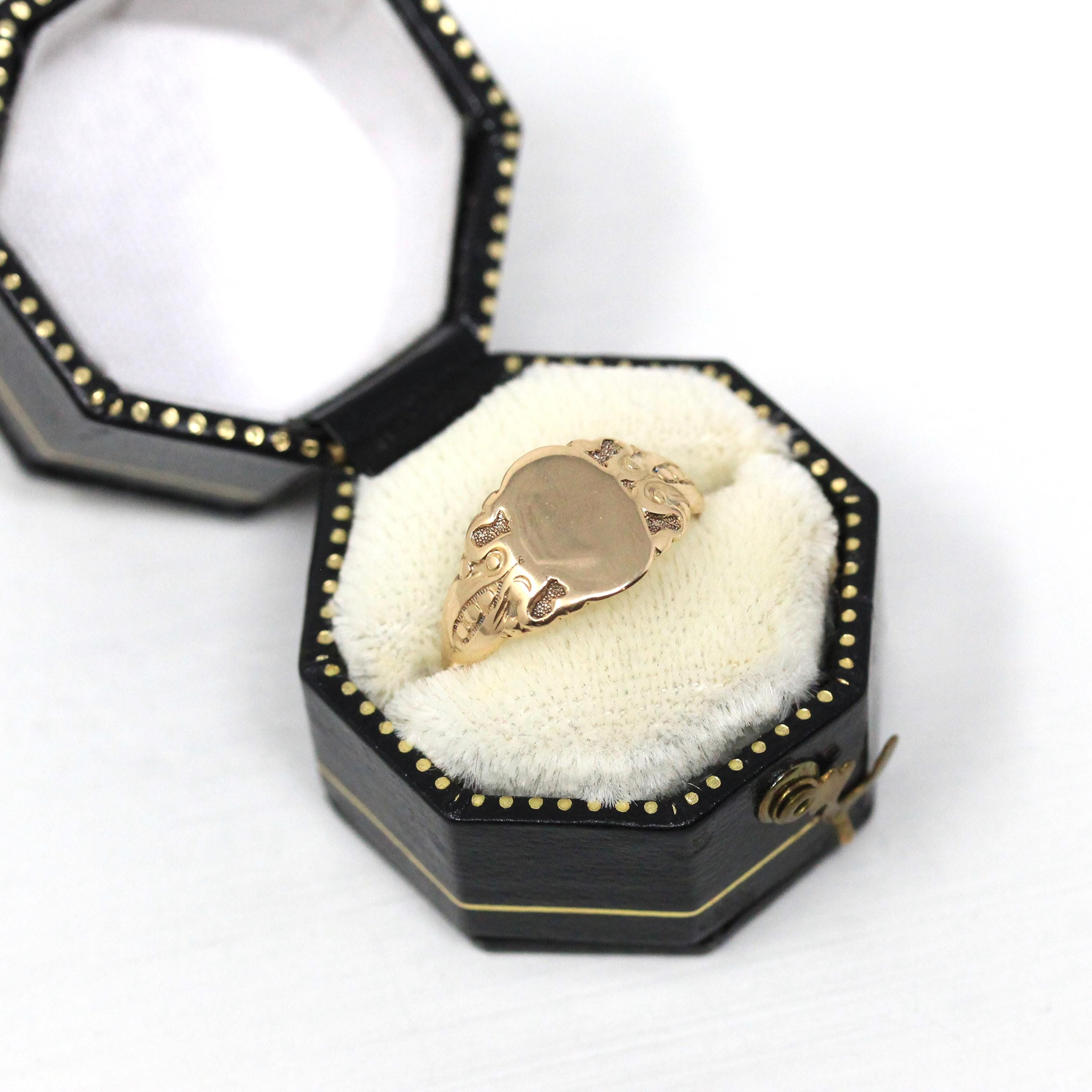 Antique Signet Ring - Edwardian 14k Yellow Gold Engraved Monogram Letters Initials Band - Circa 1910s Era Size 3 1/2 J.R. Wood Fine Jewelry