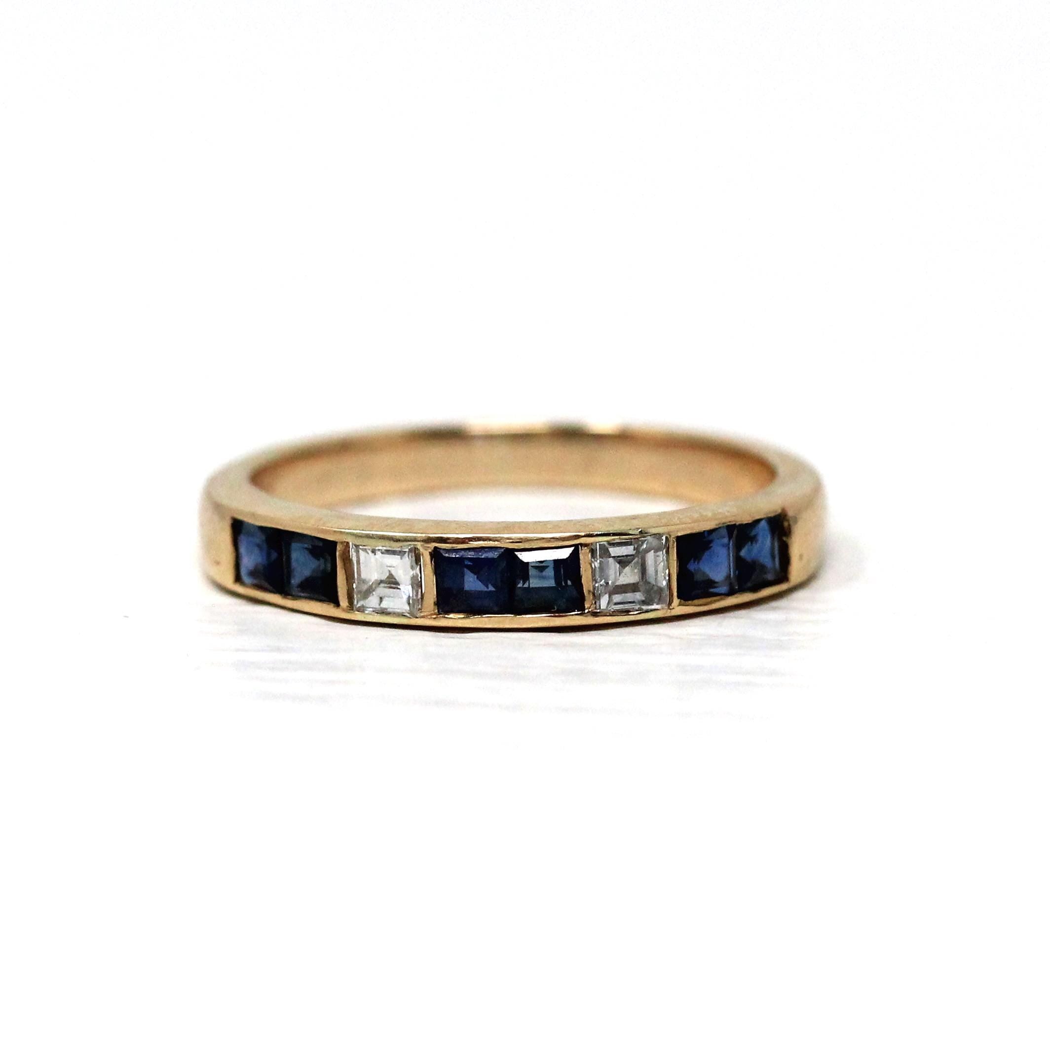 Sapphire & Diamond Ring - Estate 14k Yellow Gold Blue And White Gemstone Channel Band - Estate 1990s Size 5 3/4 Fine Calibre Wedding Jewelry