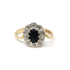 Retro Halo Ring - 9k Yellow & White Gold Oval Natural Sapphire And Diamond Gems - Hallmarked 1976 Size 5 3/4 Engagement Fine Bridal Jewelry