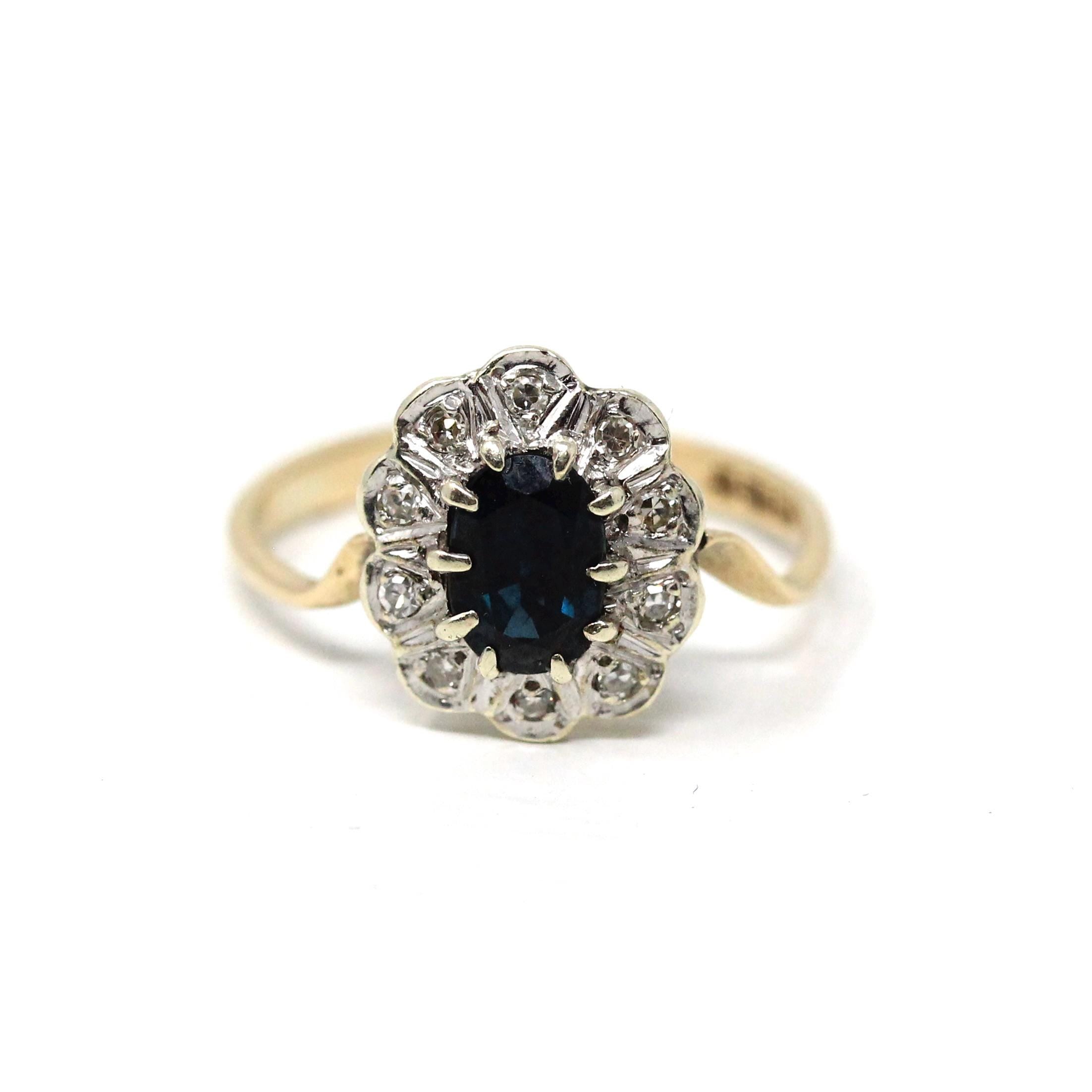 Retro Halo Ring - 9k Yellow & White Gold Oval Natural Sapphire And Diamond Gems - Hallmarked 1976 Size 5 3/4 Engagement Fine Bridal Jewelry