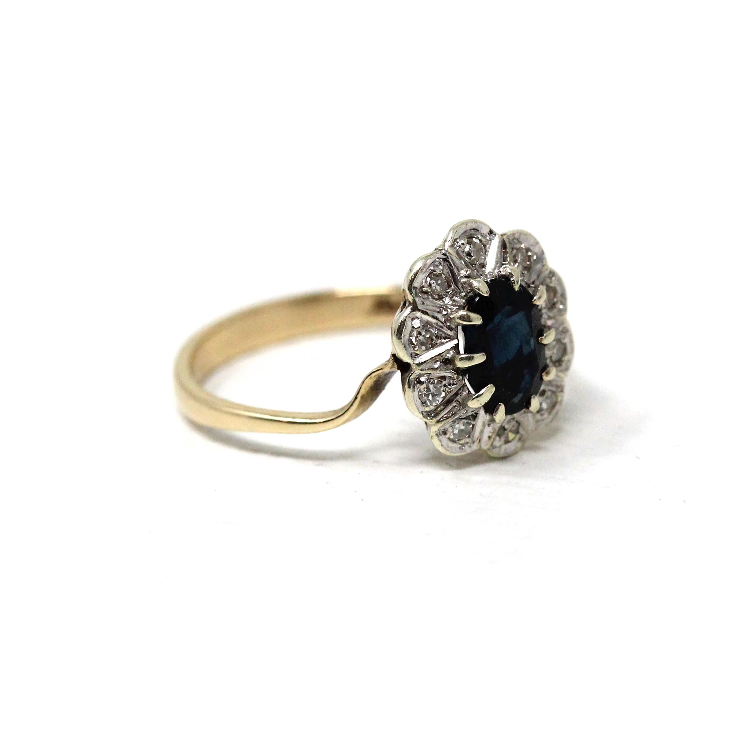 Retro Halo Ring - 9k Yellow & White Gold Oval Natural Sapphire And Diamond Gems - Hallmarked 1976 Size 5 3/4 Engagement Fine Bridal Jewelry