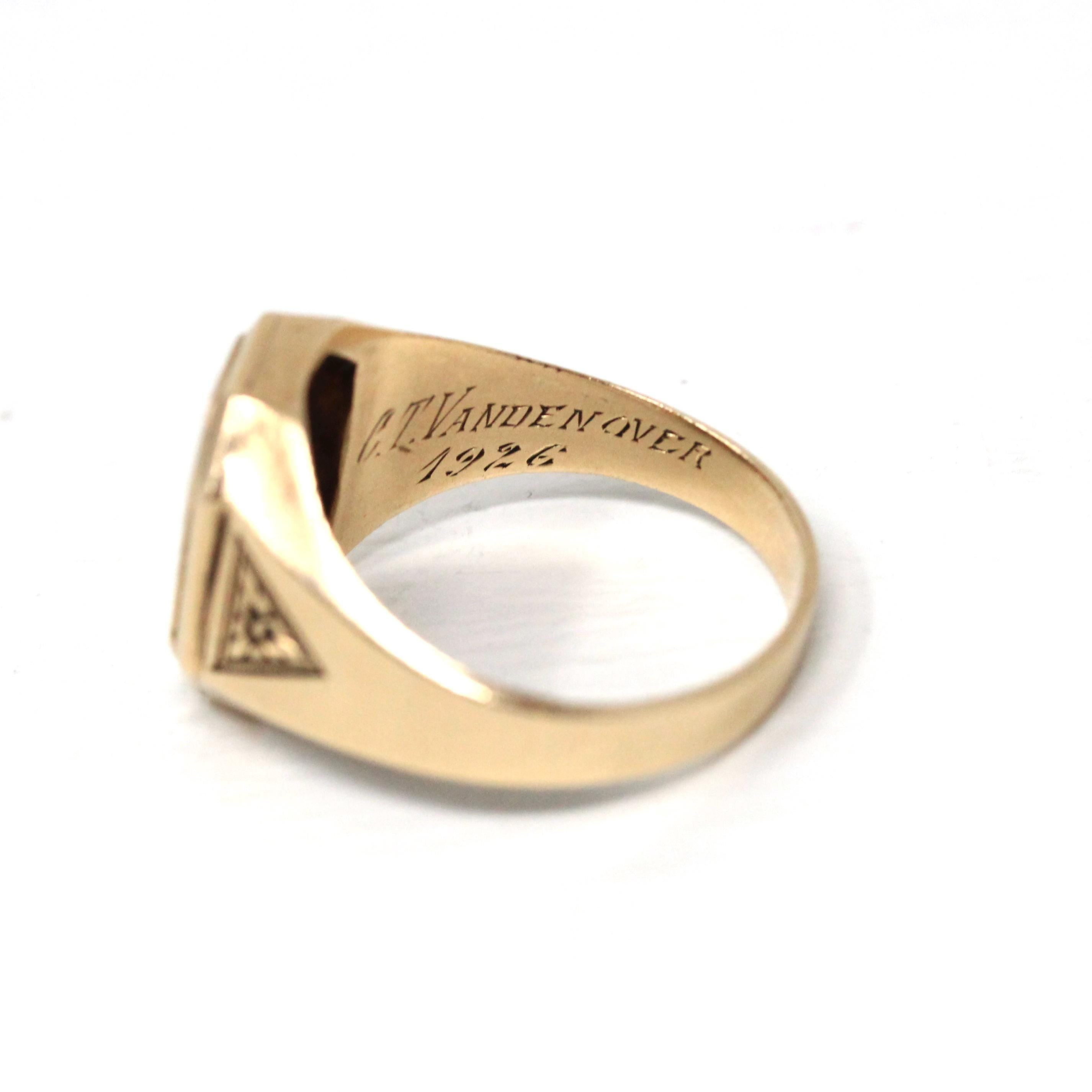 Art Deco Signet Ring - Antique 10k Yellow Gold Black Enamel Letters Statement - Vintage Dated 1926 Era Size 10 1/4 Men's Unisex Fine Jewelry