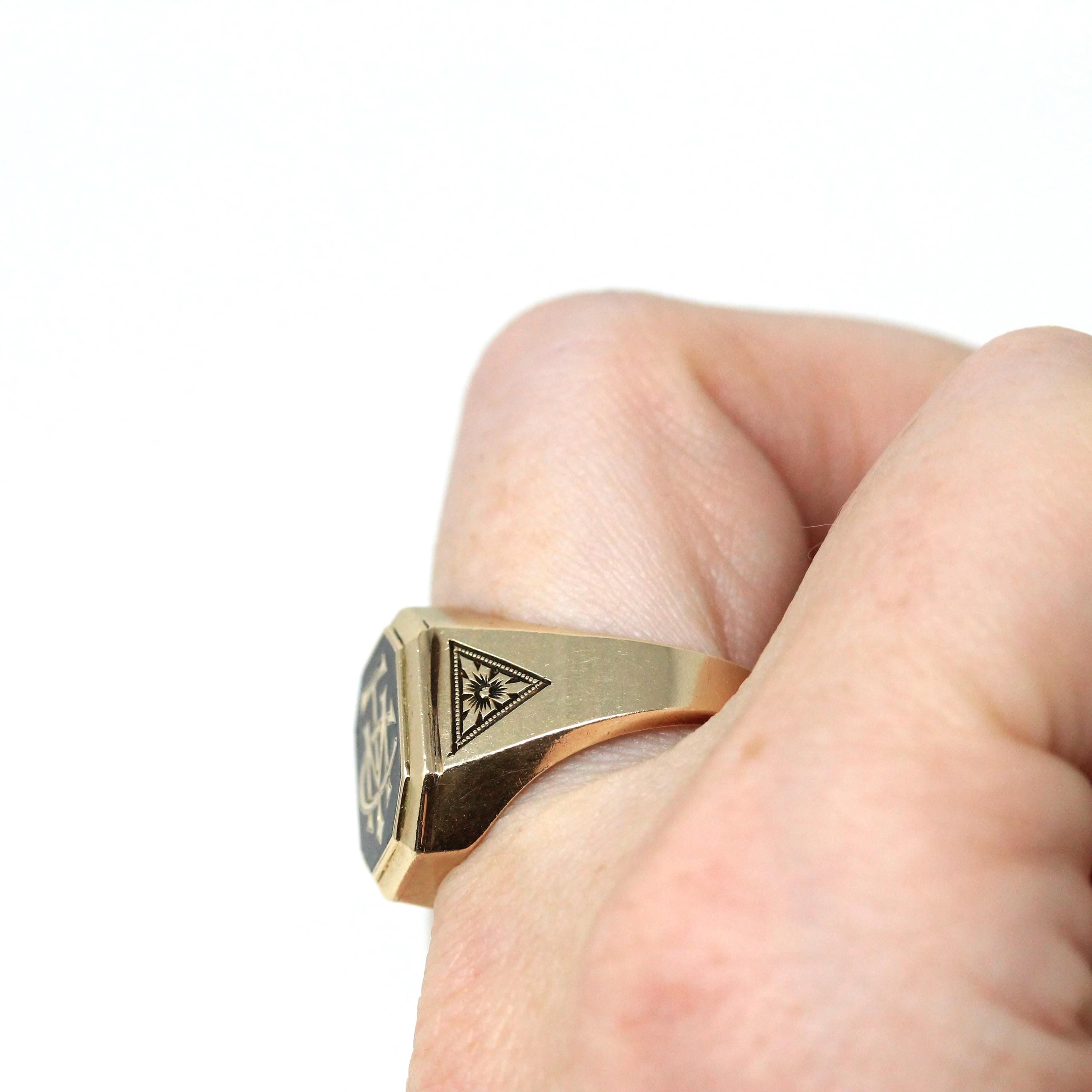Art Deco Signet Ring - Antique 10k Yellow Gold Black Enamel Letters Statement - Vintage Dated 1926 Era Size 10 1/4 Men's Unisex Fine Jewelry