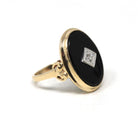 Retro Onyx Ring - Vintage 10k Yellow Gold Oval Black Chalcedony & Natural Diamond - Circa 1940s Era Size 6 Statement Two Tone Fine Jewelry