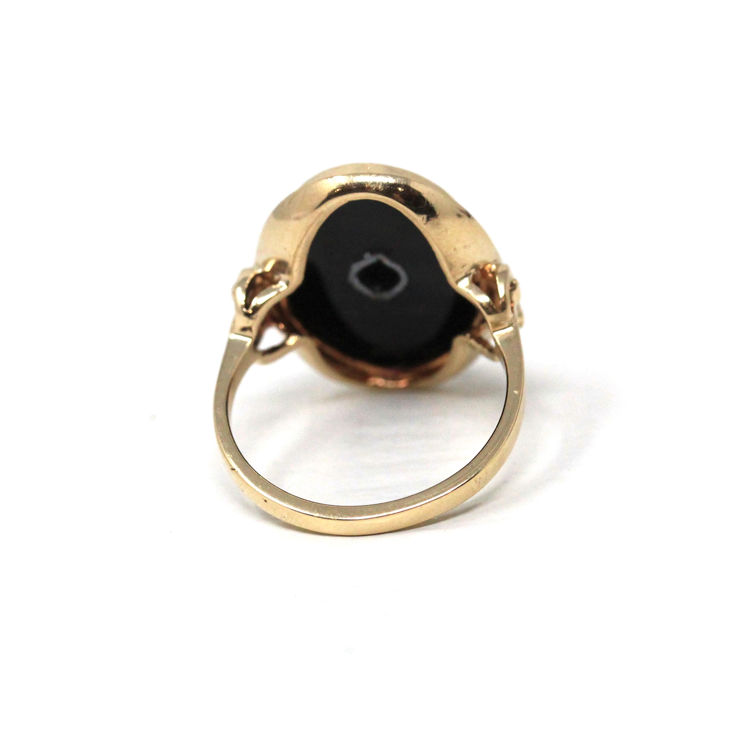 Retro Onyx Ring - Vintage 10k Yellow Gold Oval Black Chalcedony & Natural Diamond - Circa 1940s Era Size 6 Statement Two Tone Fine Jewelry