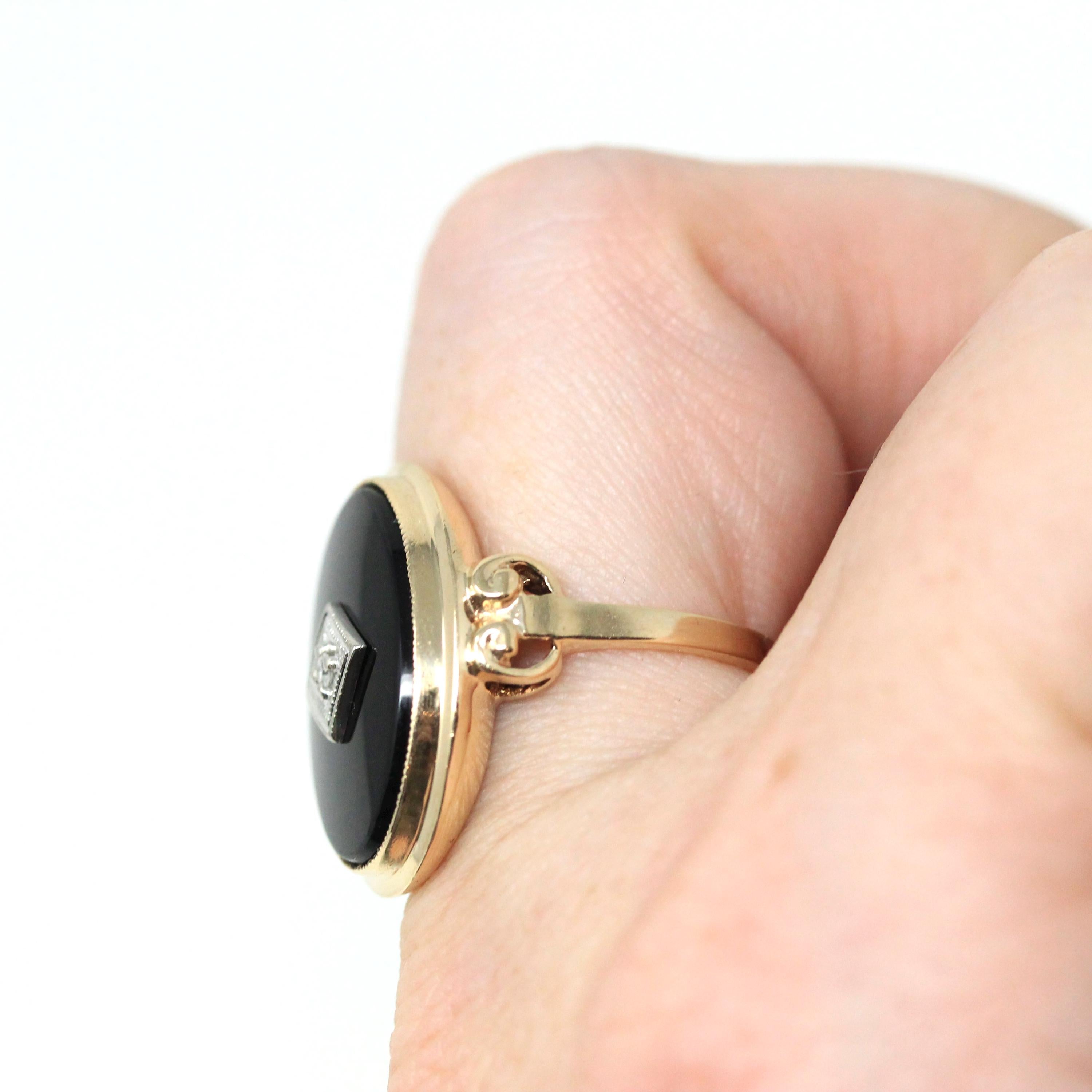 Retro Onyx Ring - Vintage 10k Yellow Gold Oval Black Chalcedony & Natural Diamond - Circa 1940s Era Size 6 Statement Two Tone Fine Jewelry
