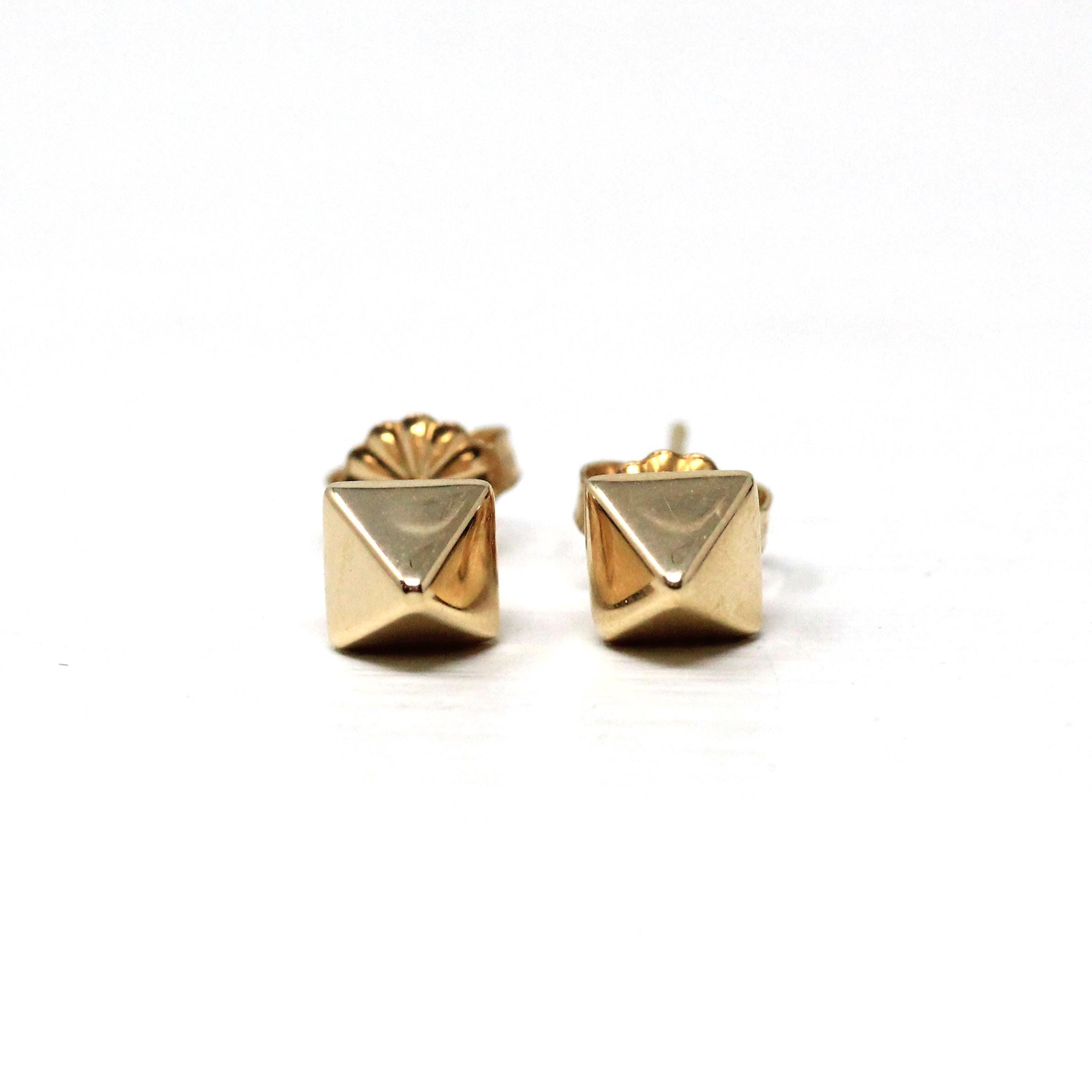 Estate Stud Earrings - Modern 10k Yellow Gold Square Pyramid Push Backs Pair - Circa 2000s Era Faceted Spike Fine Y2K Jewelry