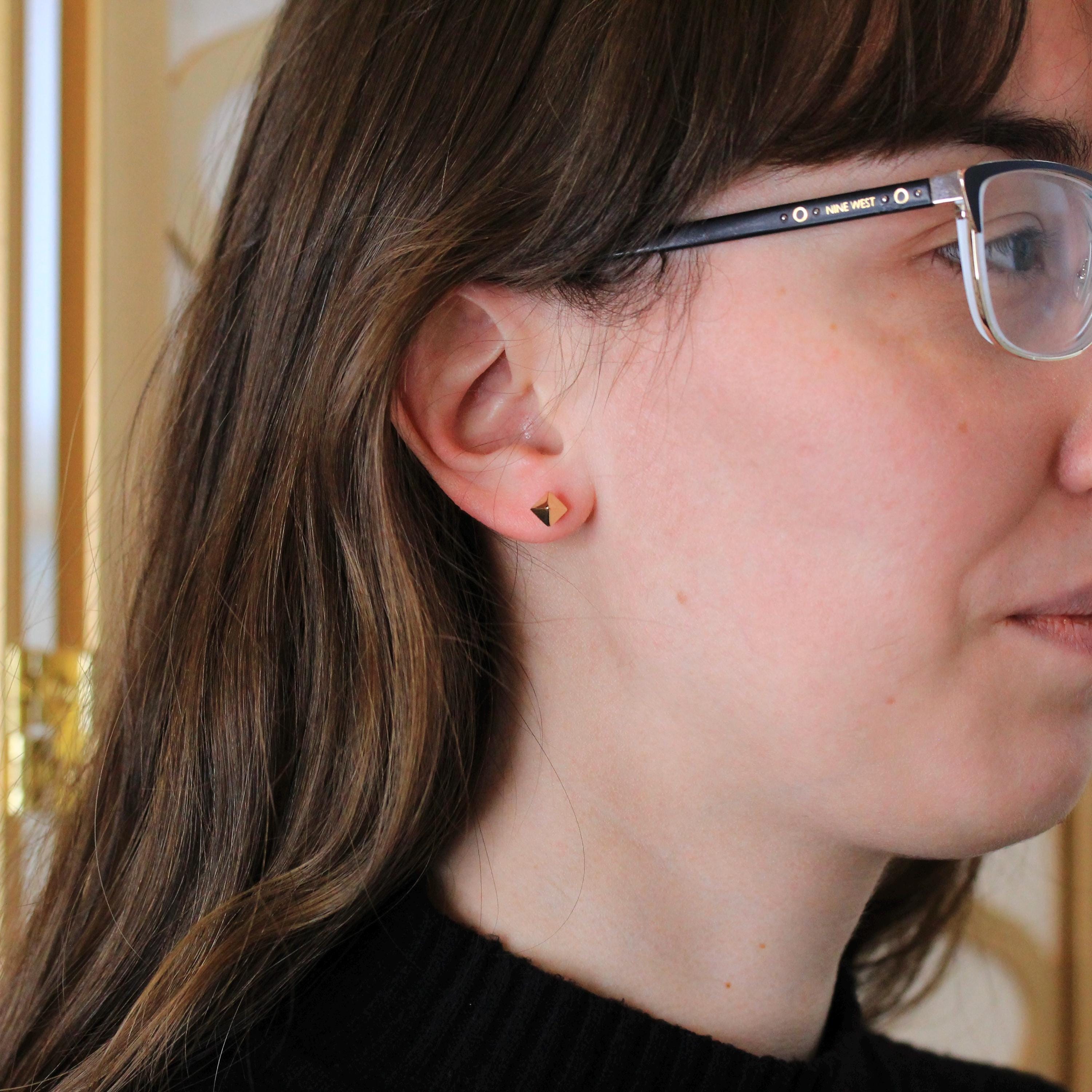 Estate Stud Earrings - Modern 10k Yellow Gold Square Pyramid Push Backs Pair - Circa 2000s Era Faceted Spike Fine Y2K Jewelry