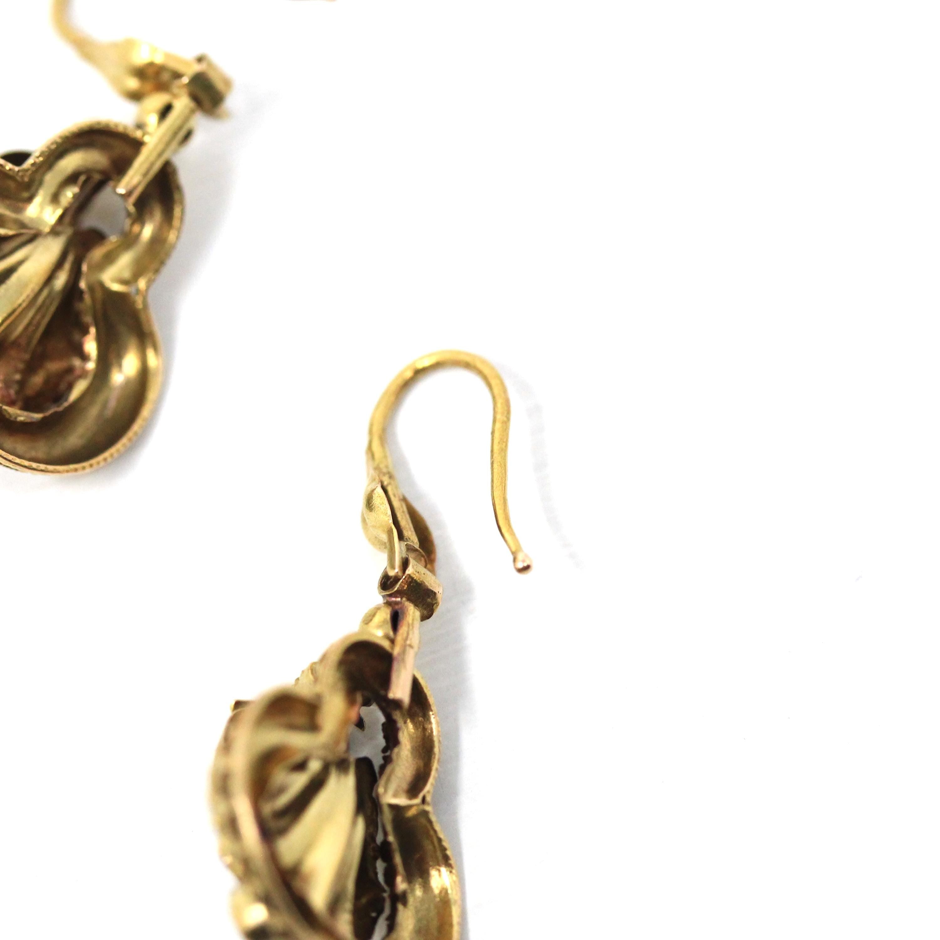 Victorian Cannetille Earrings - Antique 14k Rosy Yellow Gold Dangle Tourmaline Gemstones - Vintage Mid 1800s Era Fine Bridal Wedding Jewelry