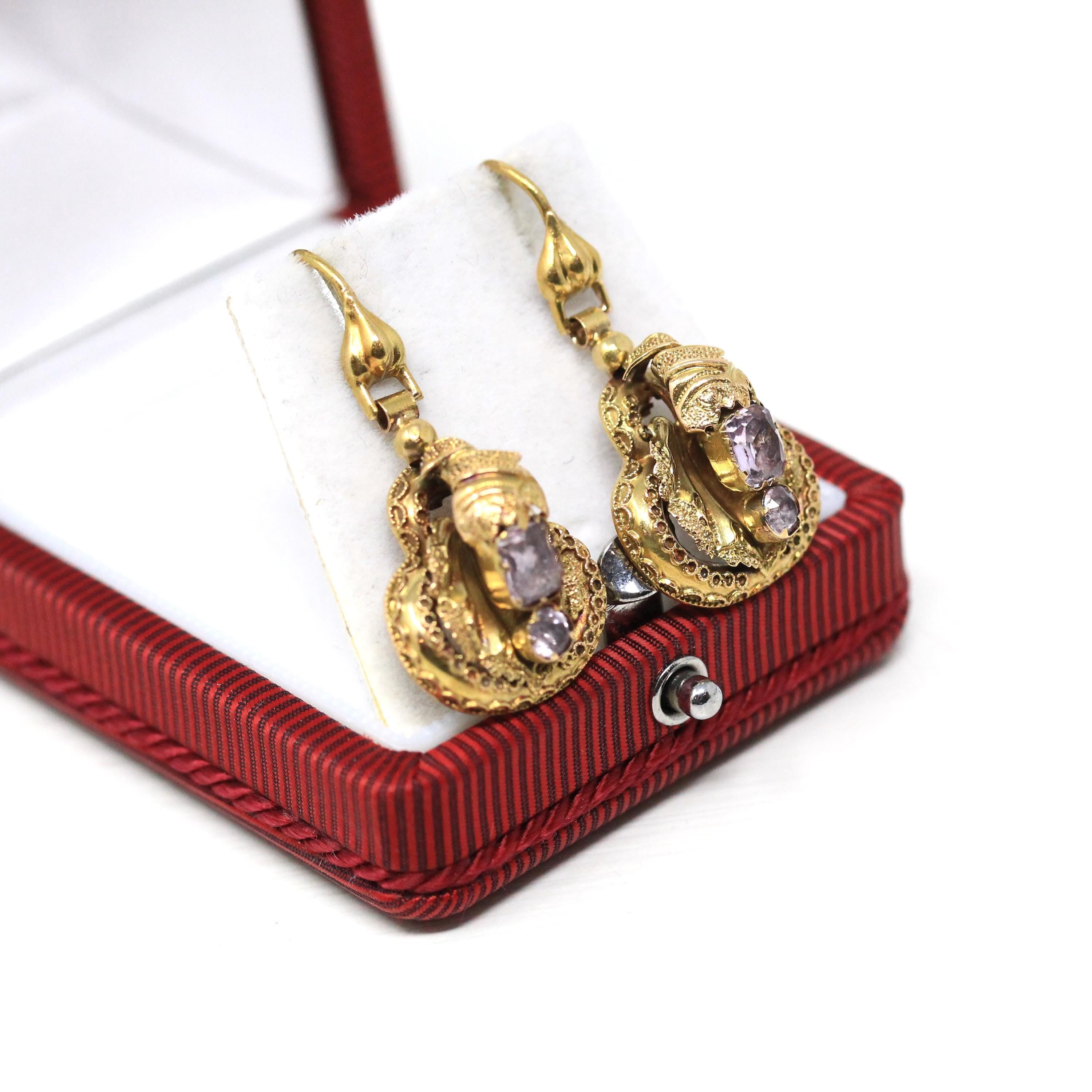 Victorian Cannetille Earrings - Antique 14k Rosy Yellow Gold Dangle Tourmaline Gemstones - Vintage Mid 1800s Era Fine Bridal Wedding Jewelry