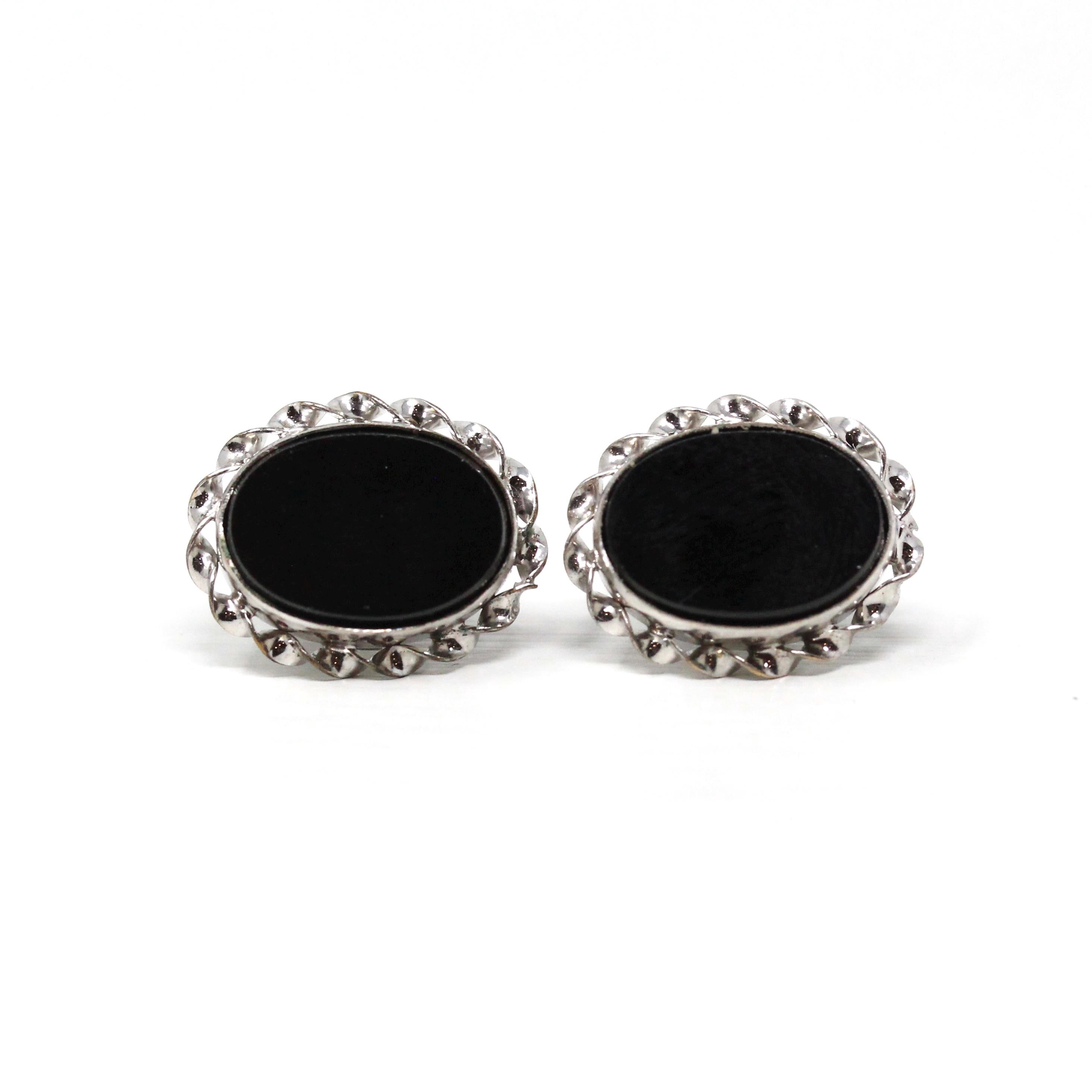 Simulated Onyx Earrings - Retro 10k White Gold & Base Metal Oval Black Glass Stones - 1960s Era Statement Fashion Accessory Fine Jewelry
