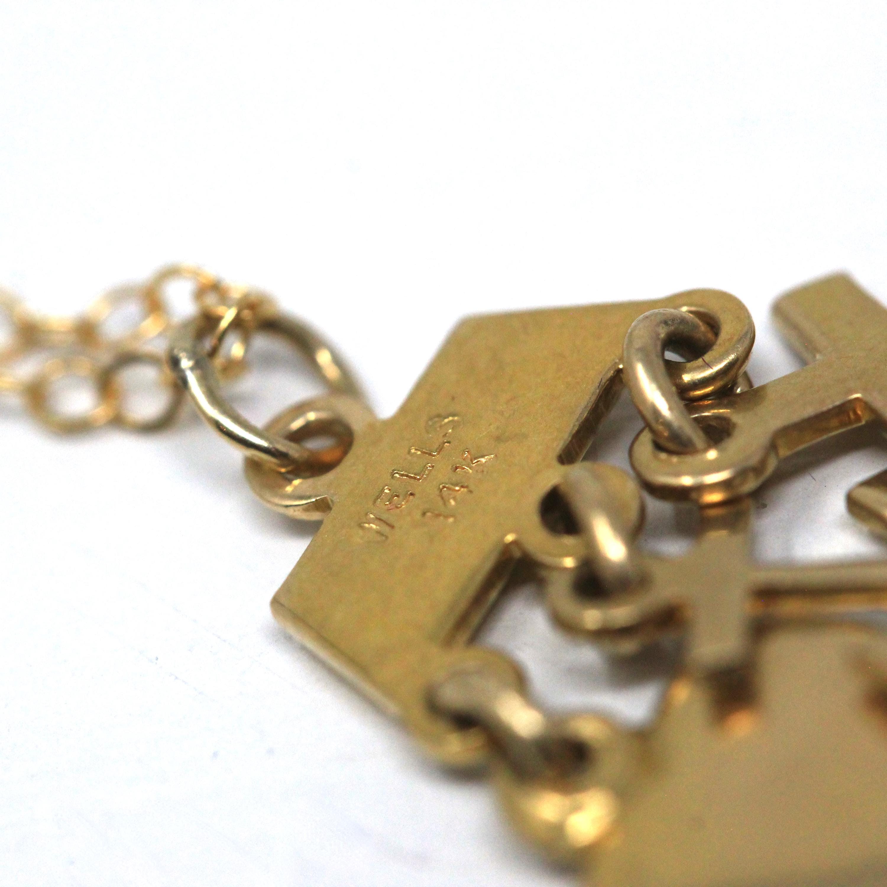 Vintage Charm Necklace - Retro 14k Yellow Gold Cross Anchor Heart Pendants - Circa 1970s Era Faith Hope Charity Religious 70s Fine Jewelry