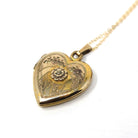 Floral Heart Locket - Retro 12k Gold Filled Heart Shaped Raised Flower Pendant Necklace - Vintage Circa 1940s Era Keepsake Photo 40s Jewelry