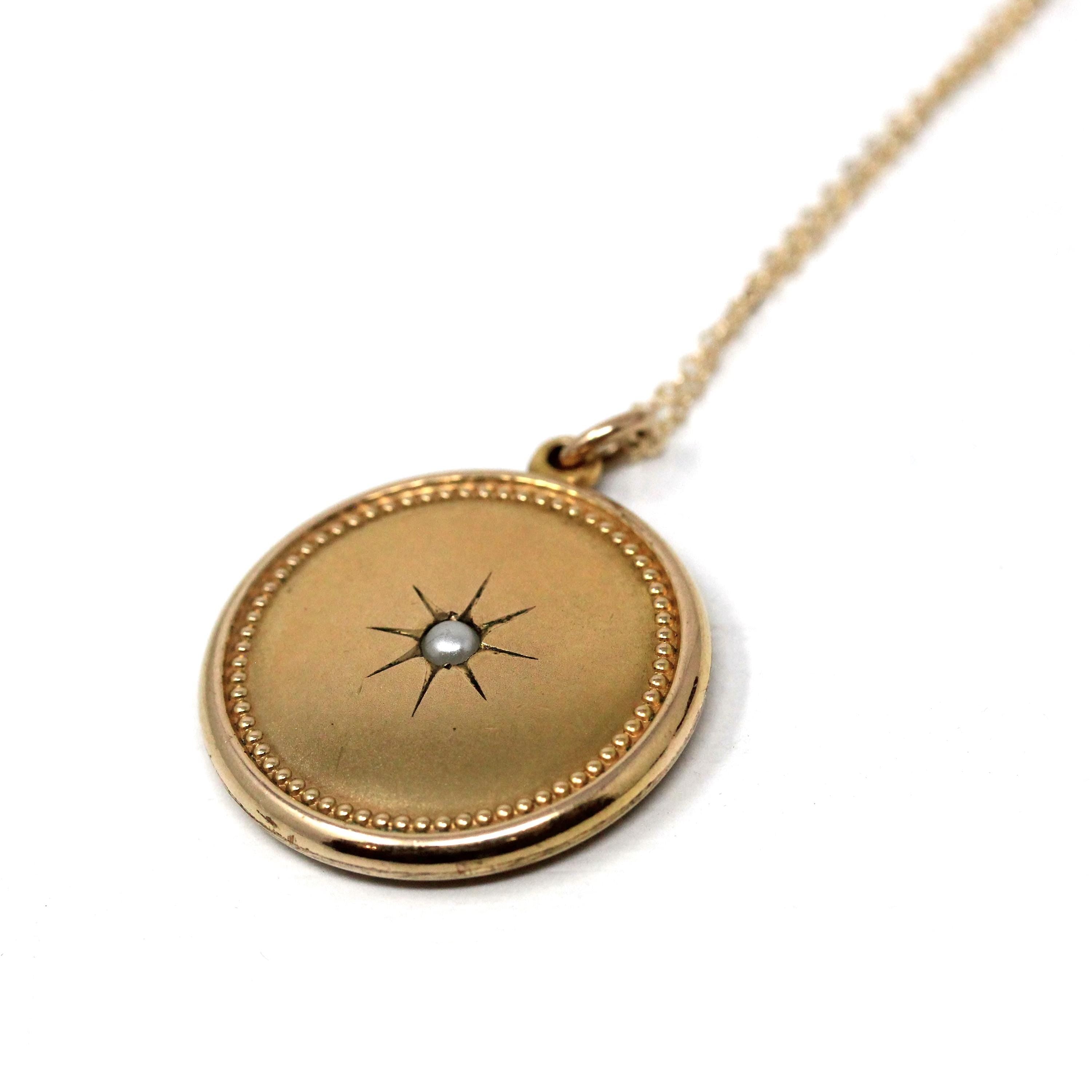 Antique Pendant Necklace - Edwardian Gold Filled Round Simulated Pearl Necklace Charm - Vintage Circa 1900s Era Statement Star Puffy Jewelry