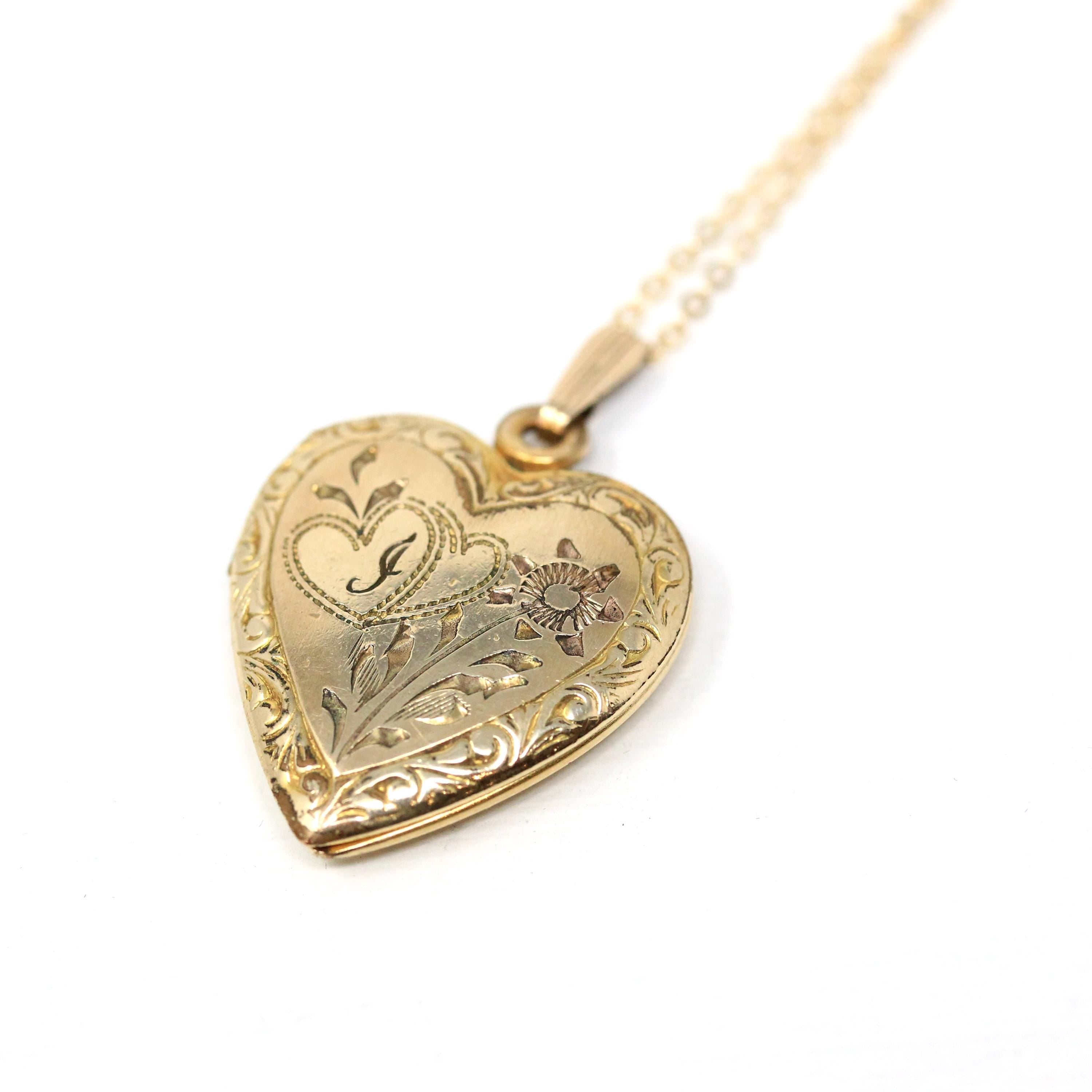 Vintage "J" Heart Locket - Retro Gold Filled Love Floral Pendant Love Initial Letter Necklace - Vintage Circa 1940s Era Flower Photo Jewelry